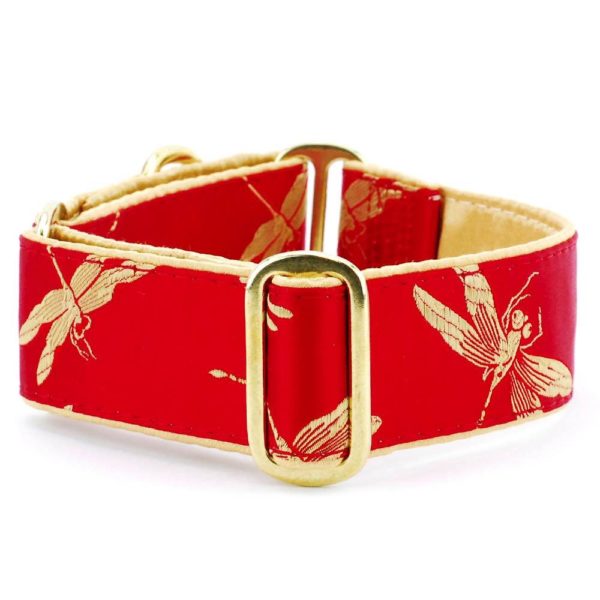 Dragonflies Red – Silk Brocade Buckle Martingale Dog Collar