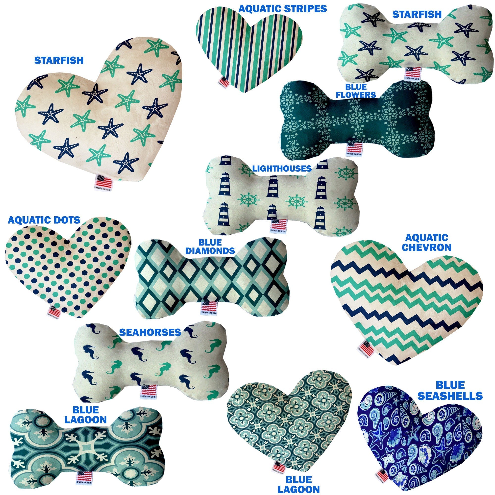 Pet and Dog Plush Heart or Bone Toy, "Nautical Group" (Available in different sizes, and 10 different pattern options!)