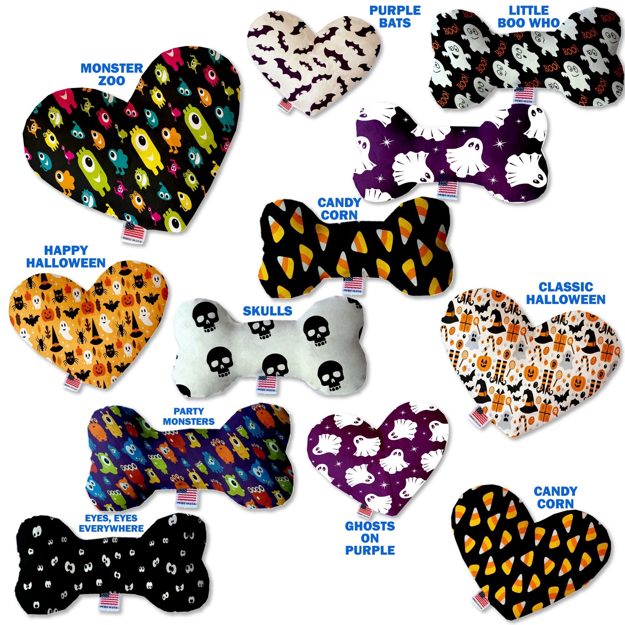 Halloween Pet & Dog Plush Heart or Bone Toy, "Trick-Or-Treat Group" (Available in different sizes, and 10 different patterns!)