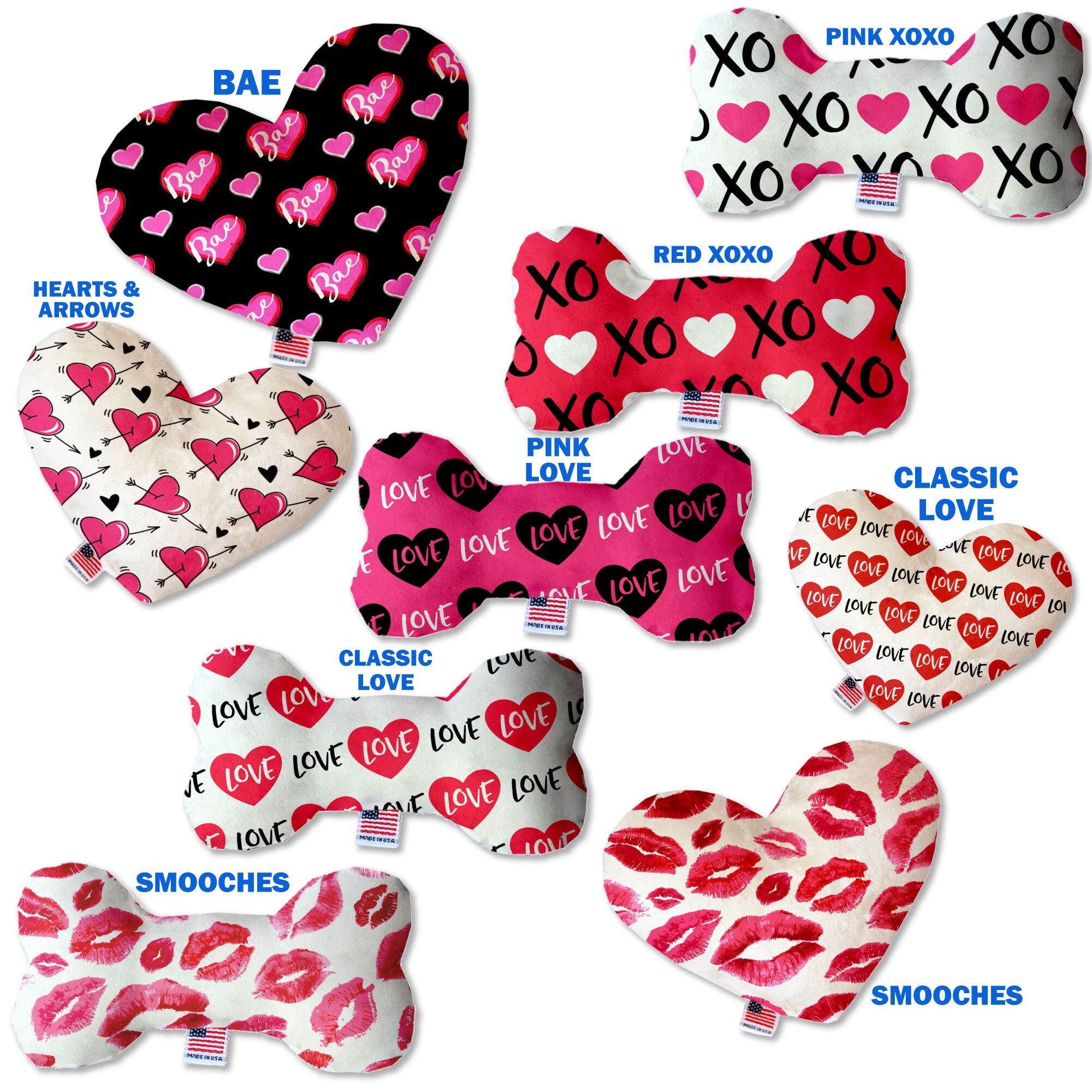 Valentine's Day Pet & Dog Plush Heart or Bone Toy, "Sweetheart Group" (Available in different sizes and 7 different patterns!)