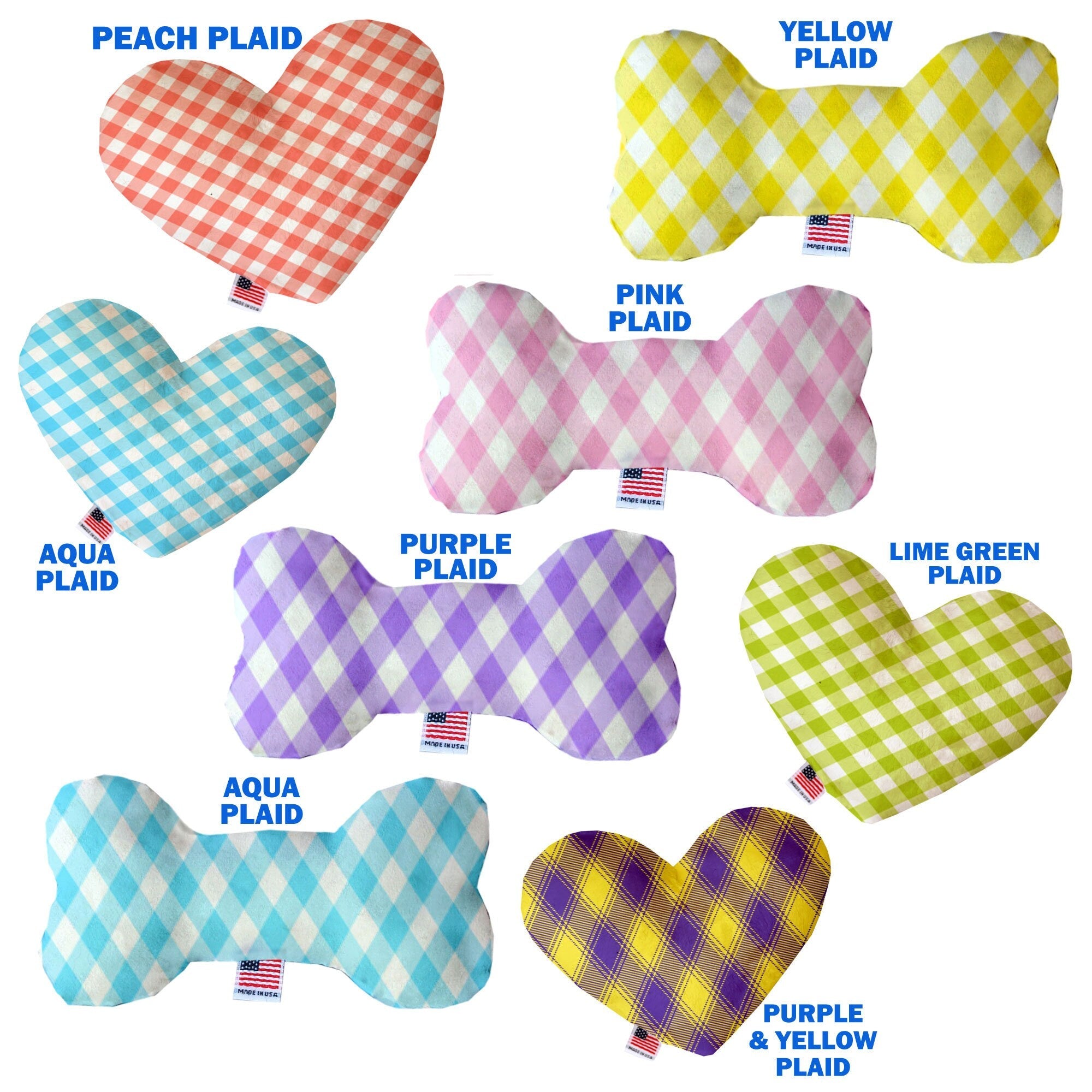 Pet & Dog Plush Heart or Bone Toy, "Plaids Group" (Available in different sizes, and 7 different pattern options!)