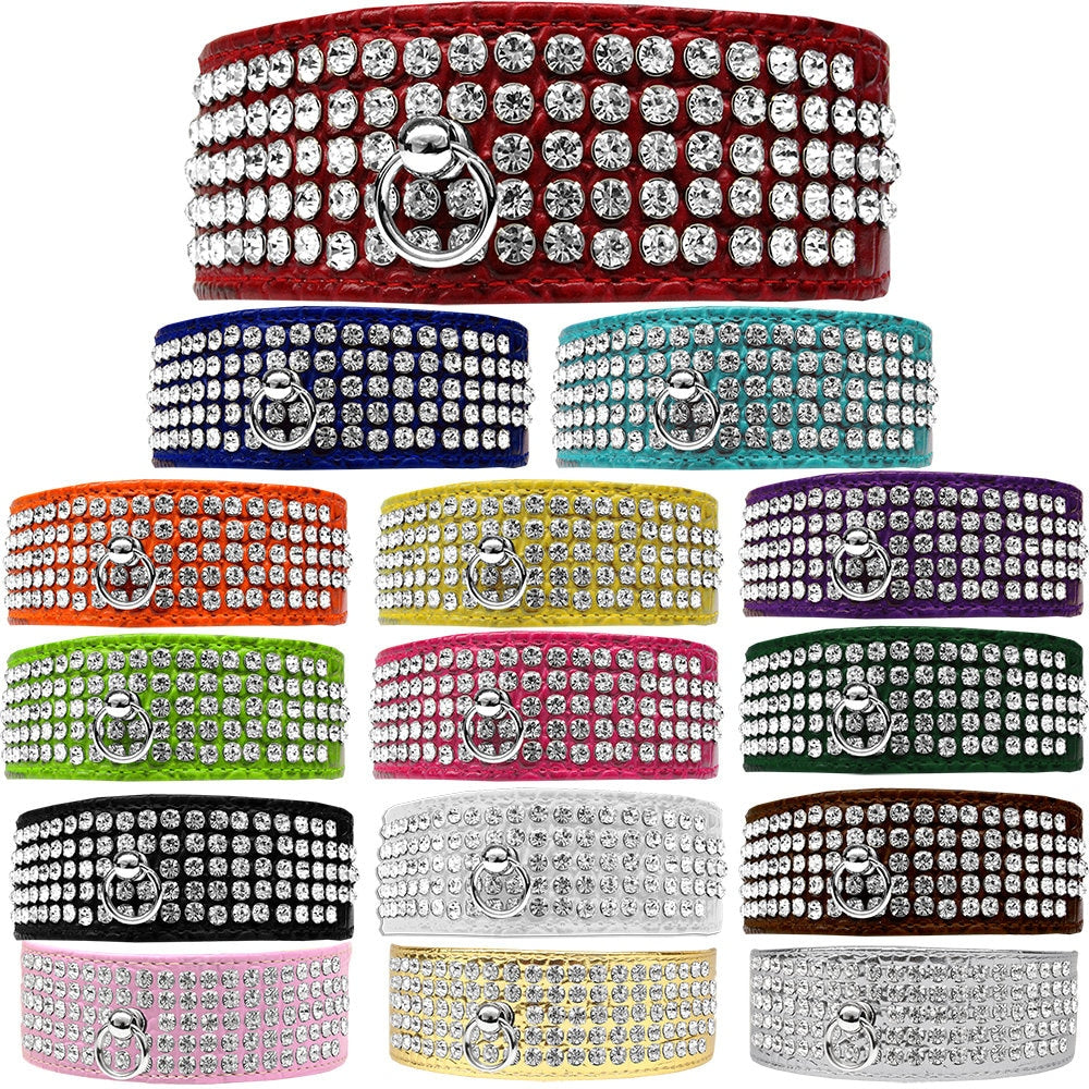 Dog, Puppy & Pet Designer Croc Collar, "Five Row Clear Crystal"