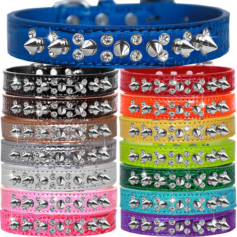 Dog, Puppy and Pet Designer Croc Collar, "Double Crystal & Silver Spikes"