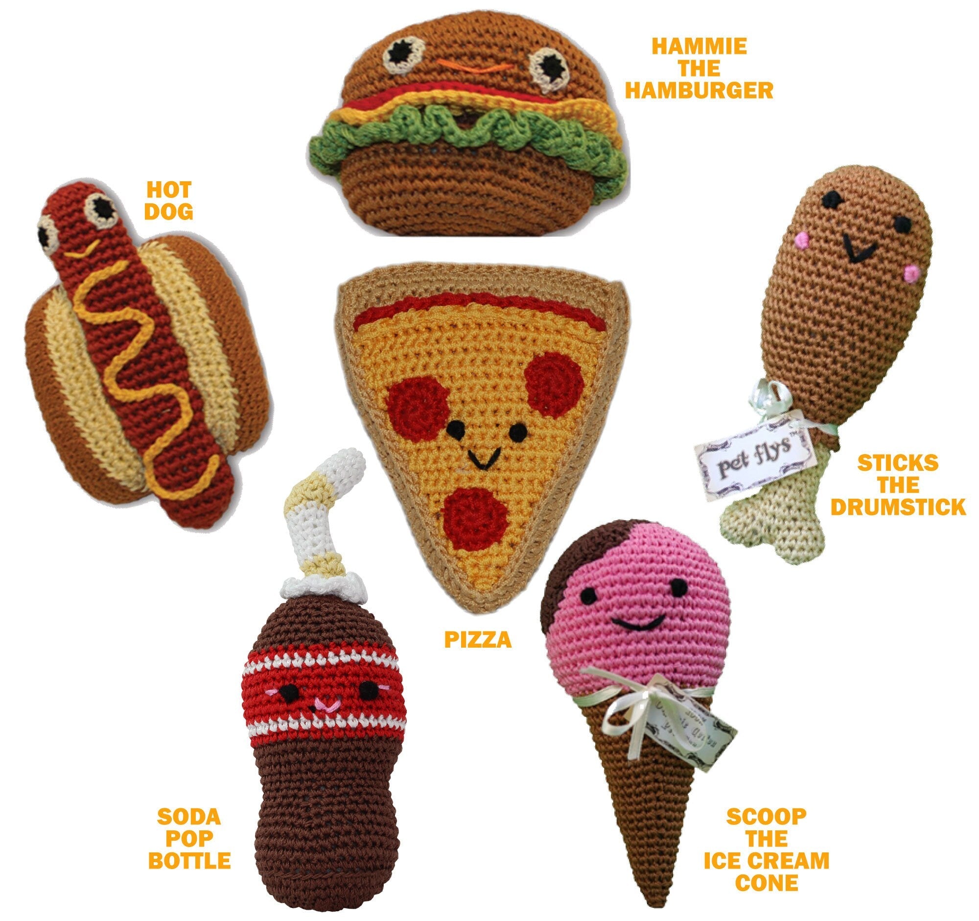 Knit Knacks Organic Cotton Pet & Dog Toys, "Food Collection" (Choose from: Hamburger, Hot Dog, Drumstick, Pizza, Soda, or Ice Cream Cone)