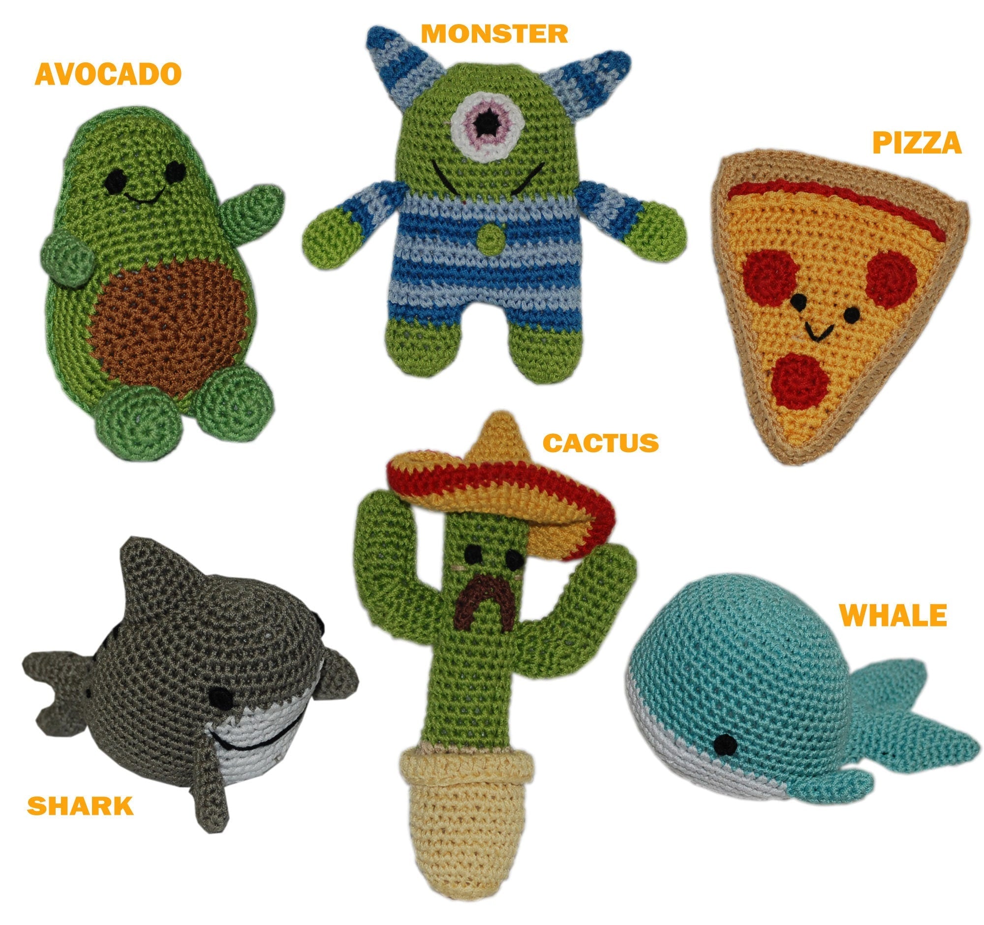 Knit Knacks Organic Cotton Pet & Dog Toys, (Choose from: Pizza, Avocado, Monster, Shark, Whale or Cactus)