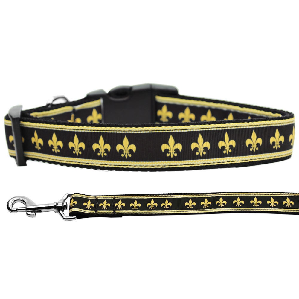 Pet Dog and Cat Nylon Collar or Leash, "Black & Gold Fleur De Lis"