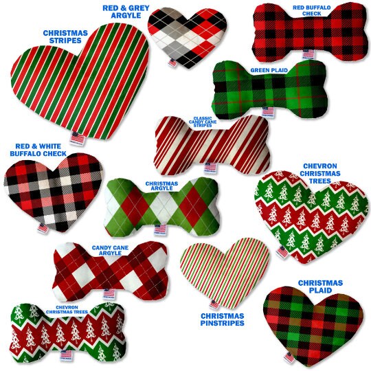 Pet and Dog Plush Heart or Bone Toy, "Christmas Patterns Group" (Available in different sizes, and 11 different pattern options!)