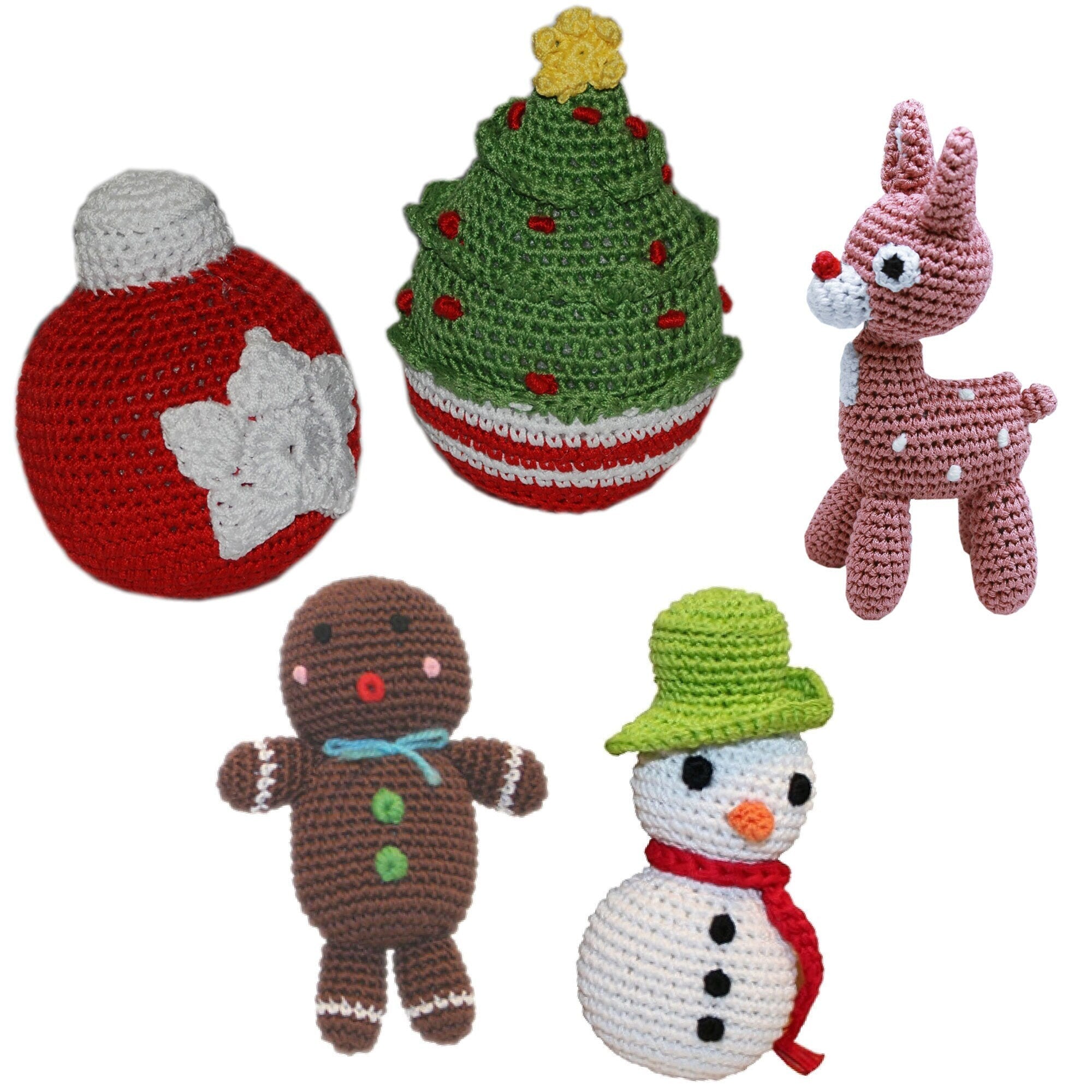 Knit Knacks Organic Cotton Pet& Dog Toys, "Christmas Group" (Choose from: Rudy Reindeer, Christmas Tree, Ornament, Snowman, Gingerbread Man)