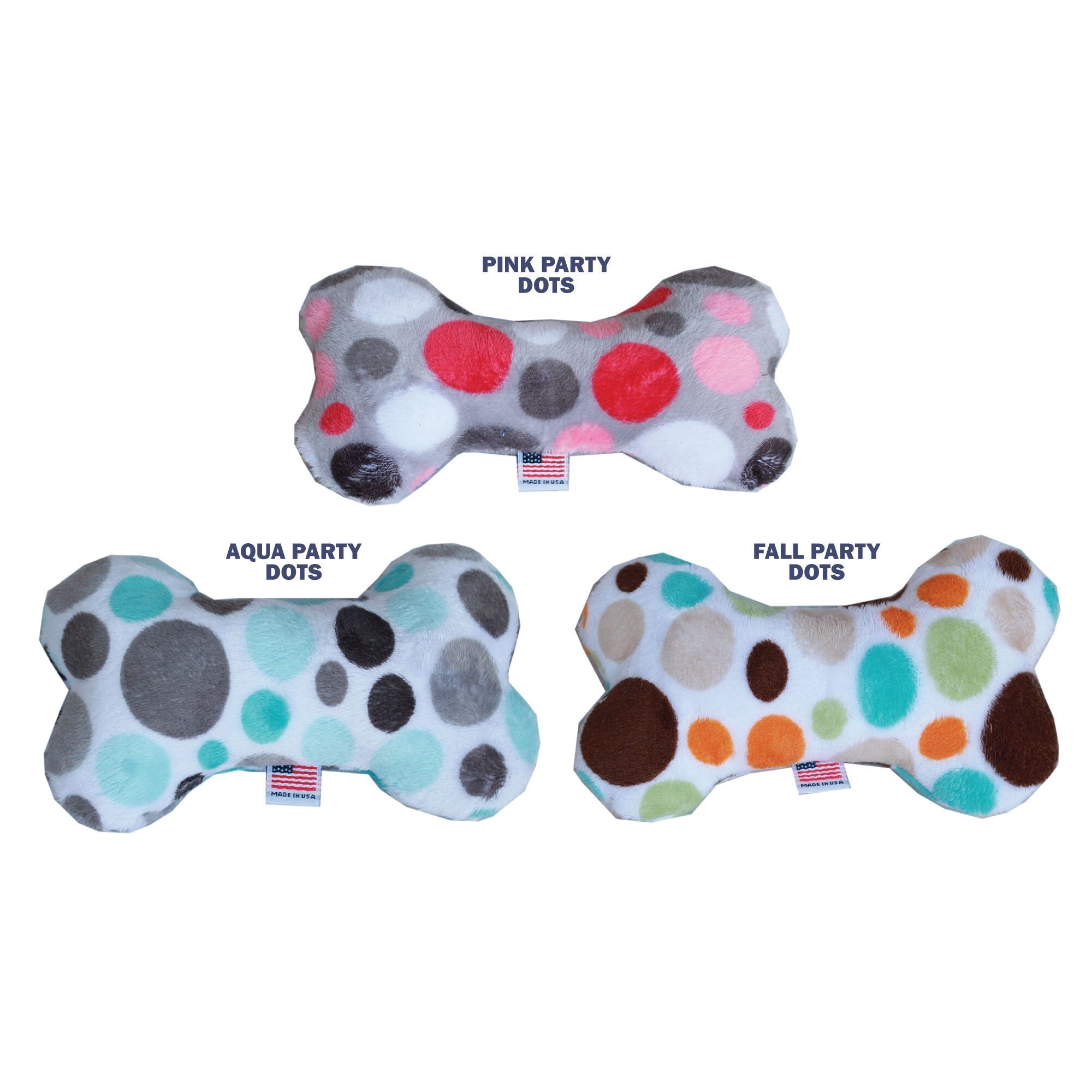 Pet and Dog Plush 6" Bone Toy, "Party Dots Group" (Available in 3 different colorway options!)