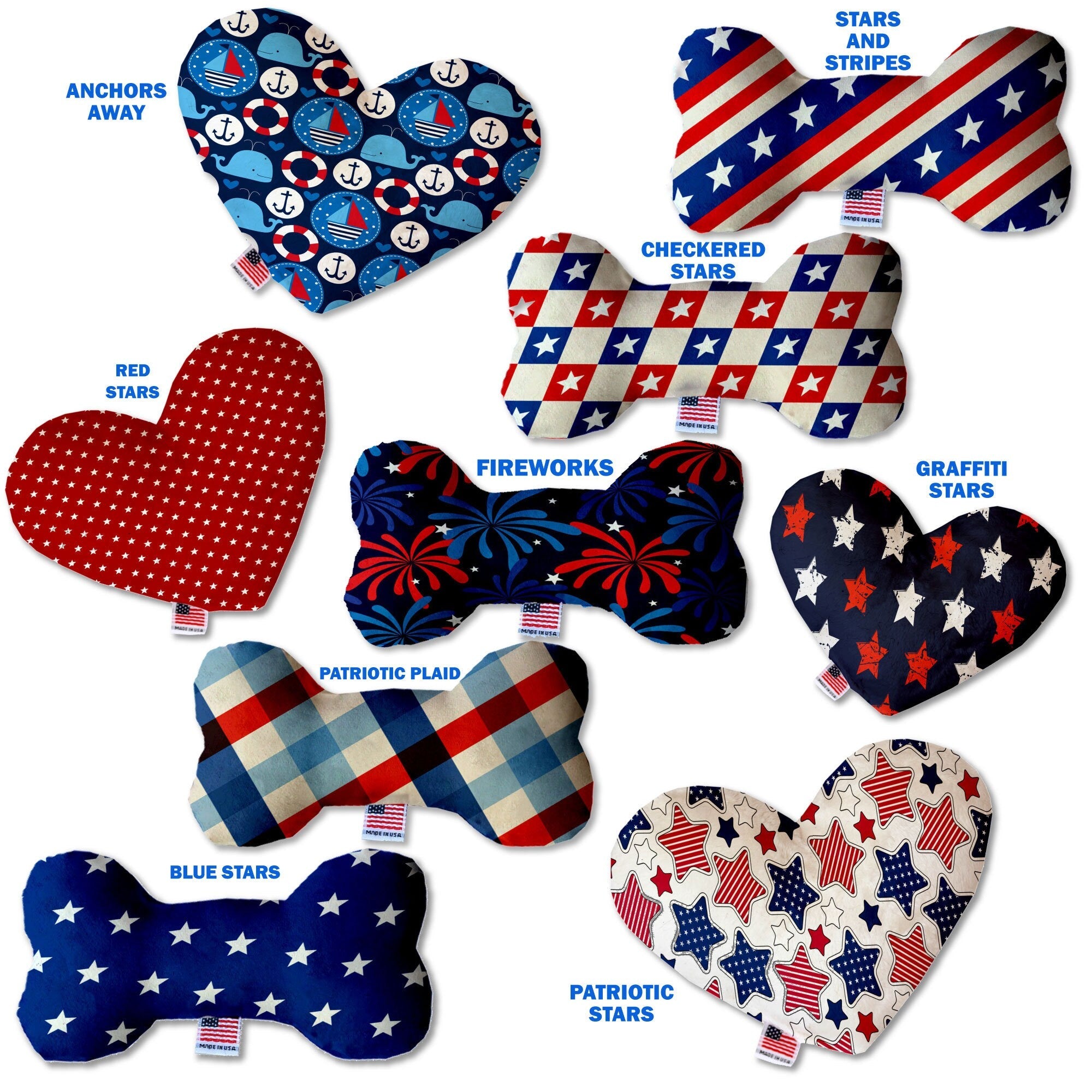 Pet and Dog Plush Heart or Bone Toy, "Independence Day Group" (Available in different sizes, and 9 different pattern options!)