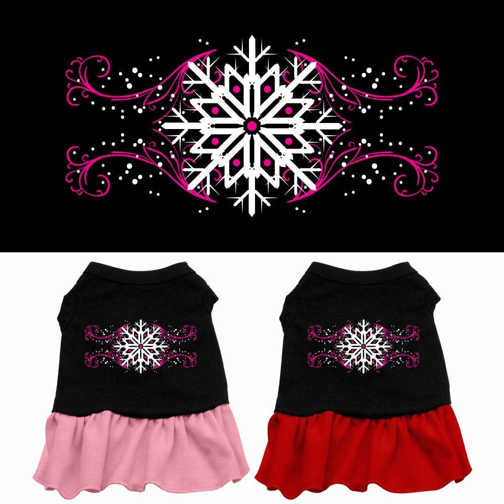 Pet Dog & Cat Dress Screen Printed, "Pink Snowflake"