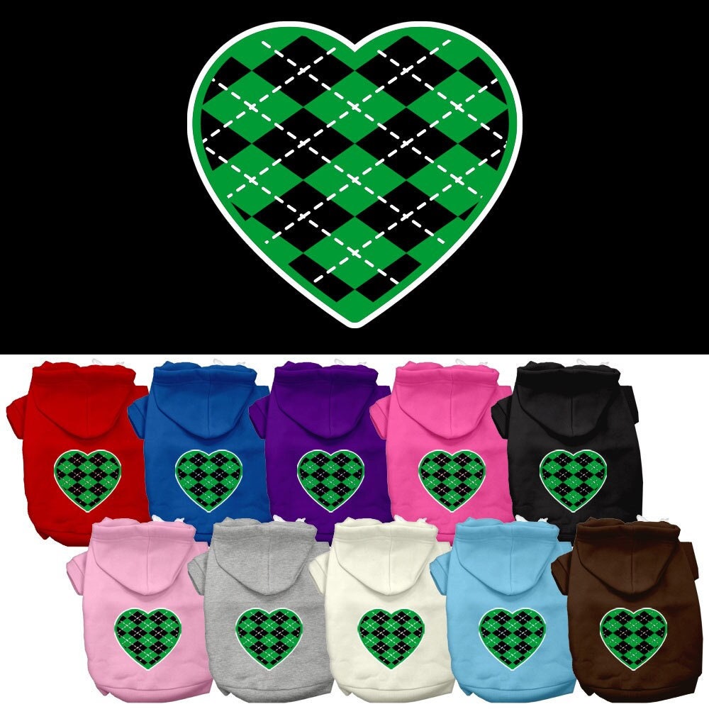 Pet Dog & Cat Hoodie Screen Printed, "Green Argyle Heart"