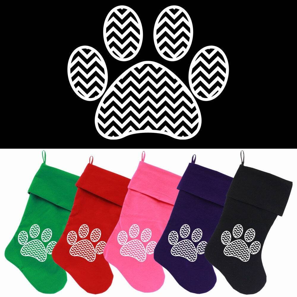 Velvet Christmas Stocking Screen Printed, "Chevron Paw"