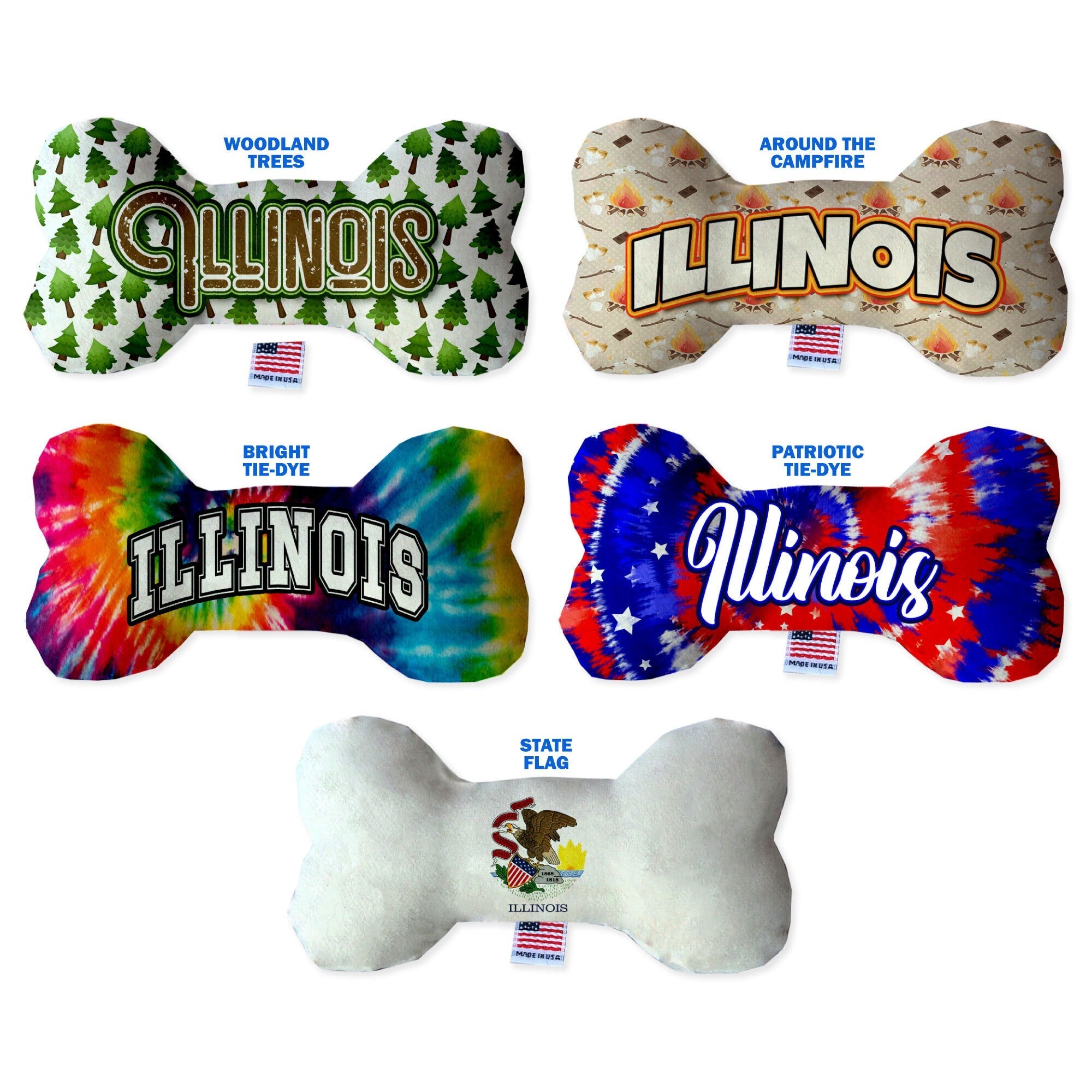 Pet & Dog Plush Bone Toys, "Illinois State Options" (Available in different pattern options)