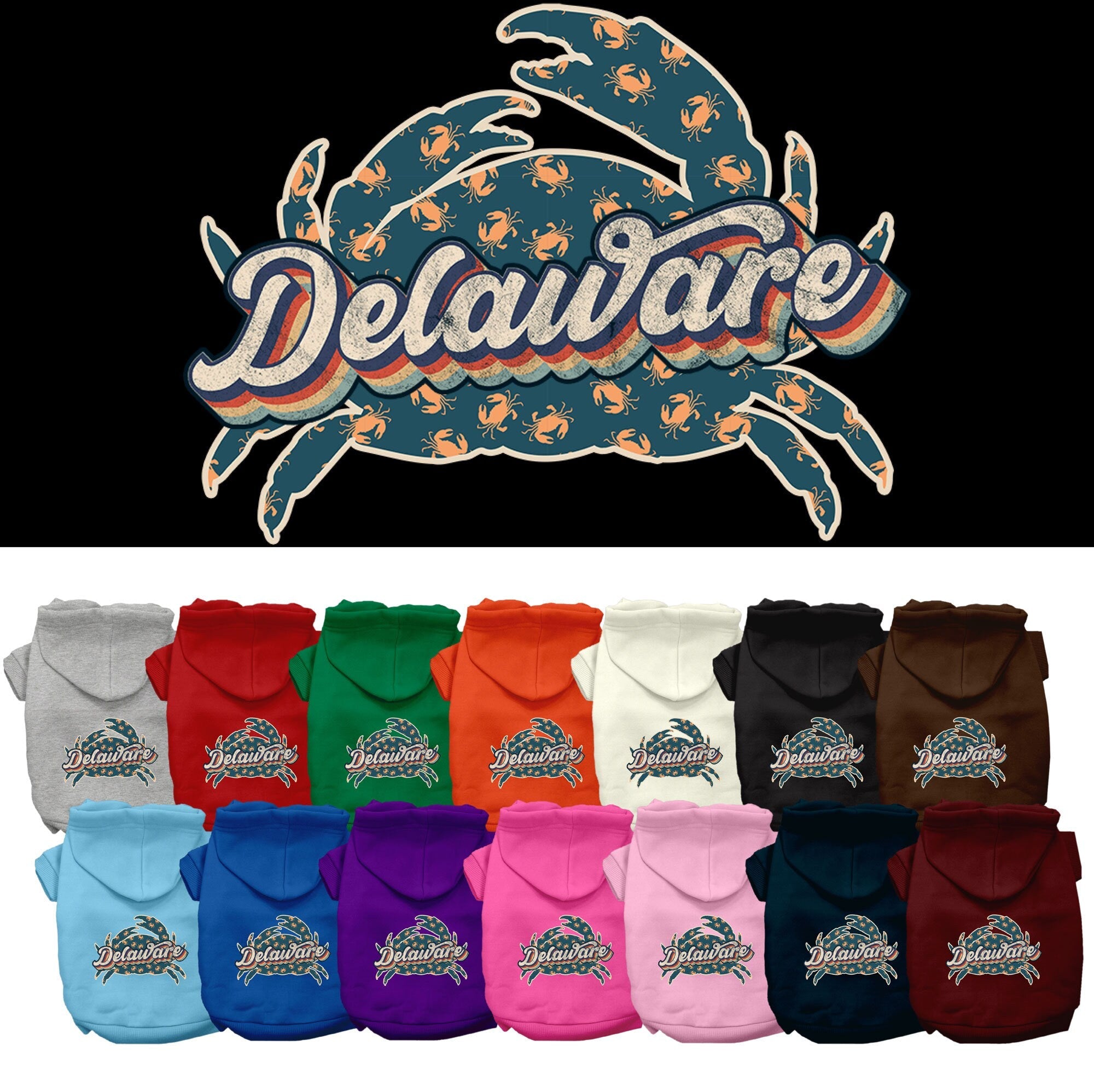 Pet Dog & Cat Screen Printed Hoodie for Medium to Large Pets (Sizes 2XL-6XL), "Delaware Retro Crabs"