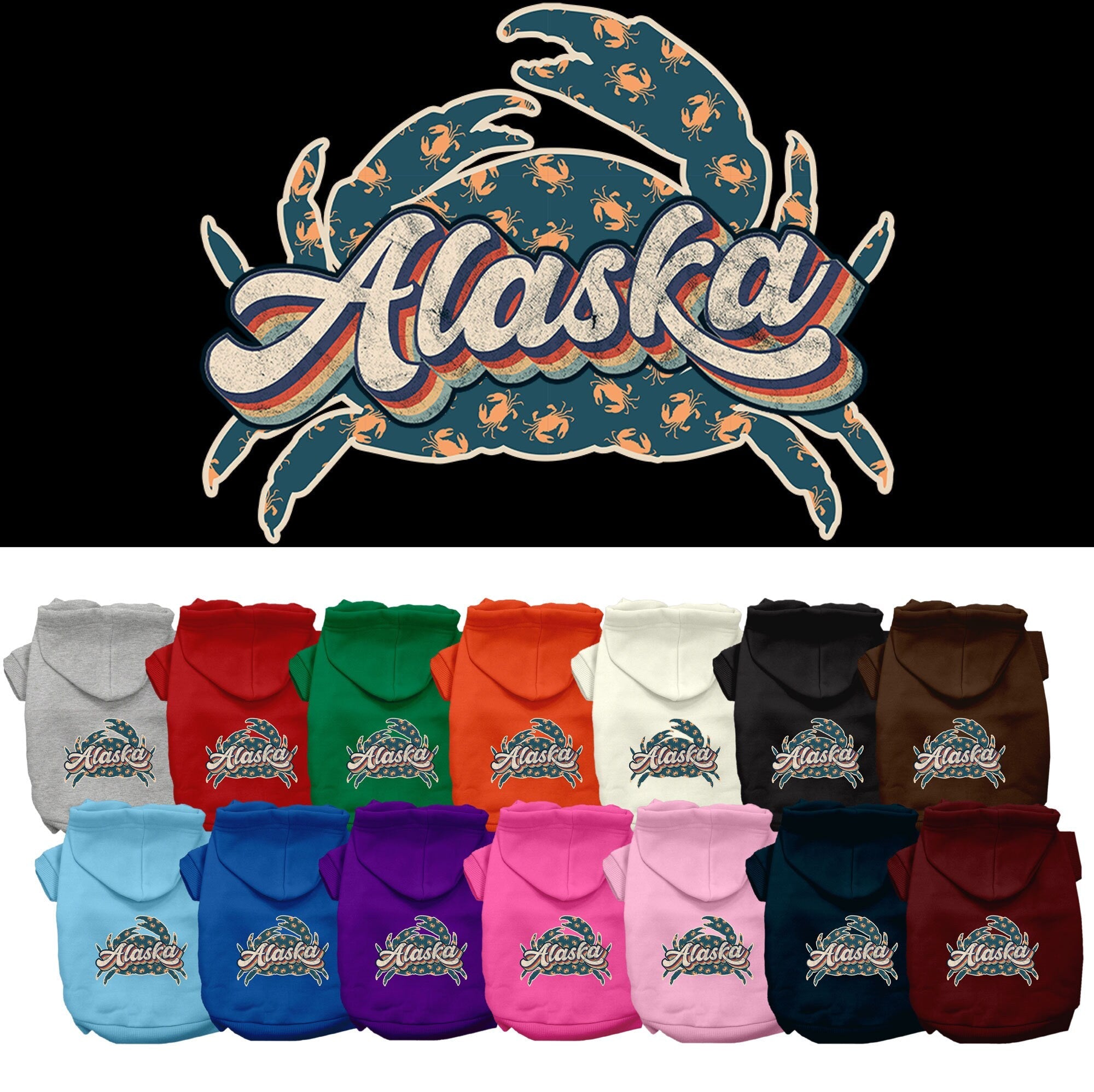 Pet Dog & Cat Screen Printed Hoodie for Small to Medium Pets (Sizes XS-XL), "Alaska Retro Crabs"