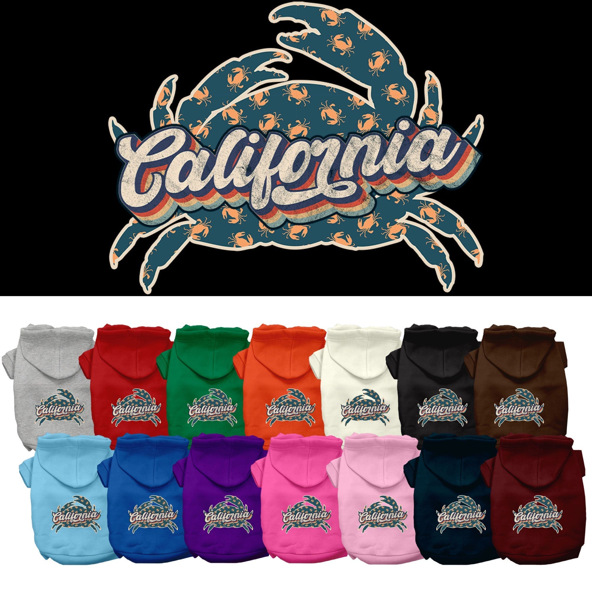 Pet Dog & Cat Screen Printed Hoodie for Small to Medium Pets (Sizes XS-XL), "California Retro Crabs"