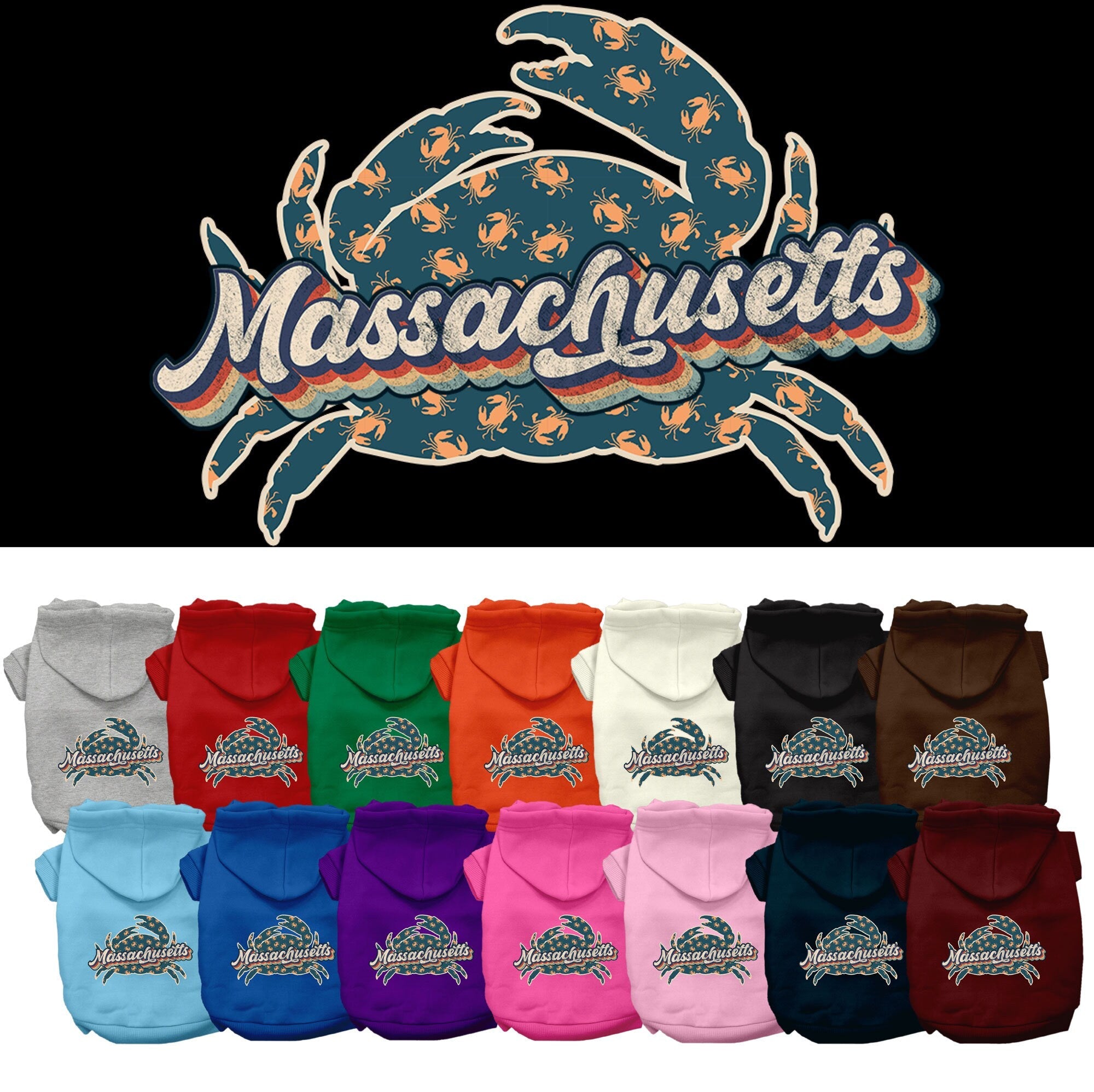 Pet Dog & Cat Screen Printed Hoodie for Medium to Large Pets (Sizes 2XL-6XL), "Massachusetts Retro Crabs"