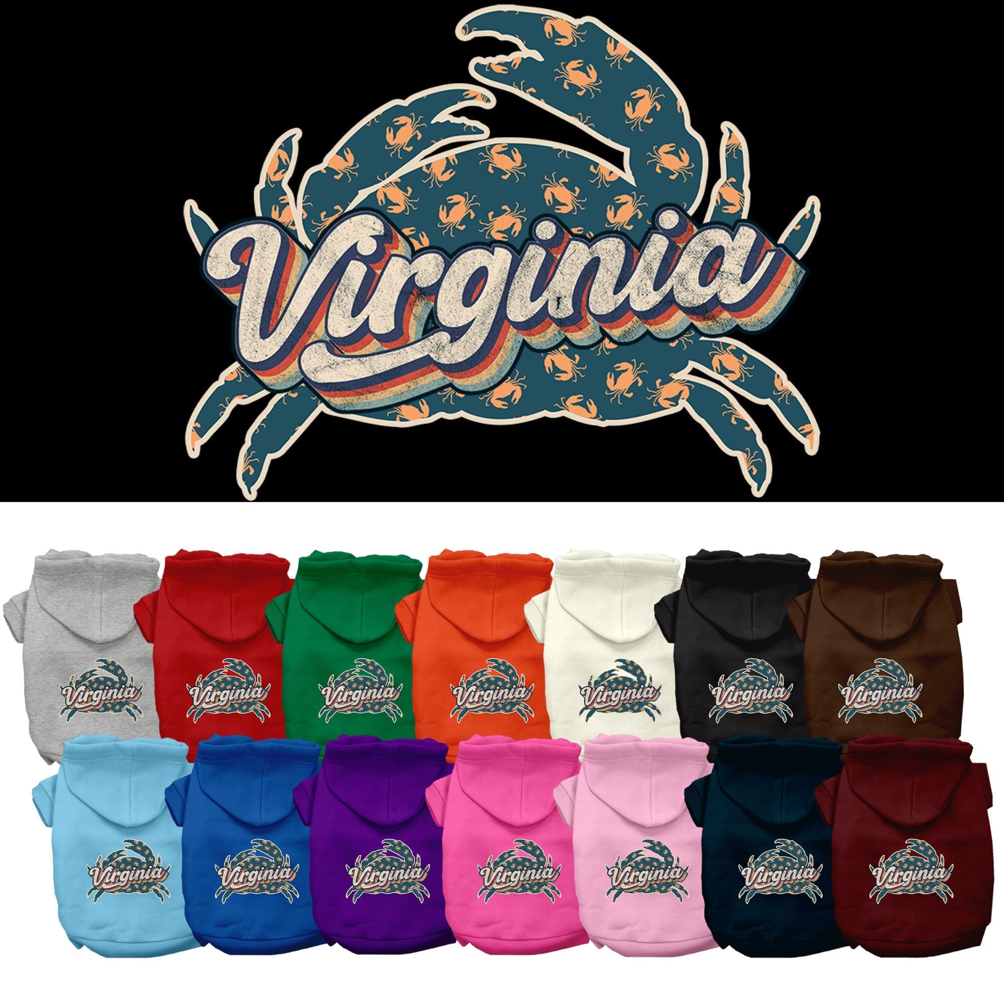 Pet Dog & Cat Screen Printed Hoodie for Medium to Large Pets (Sizes 2XL-6XL), "Virginia Retro Crabs"