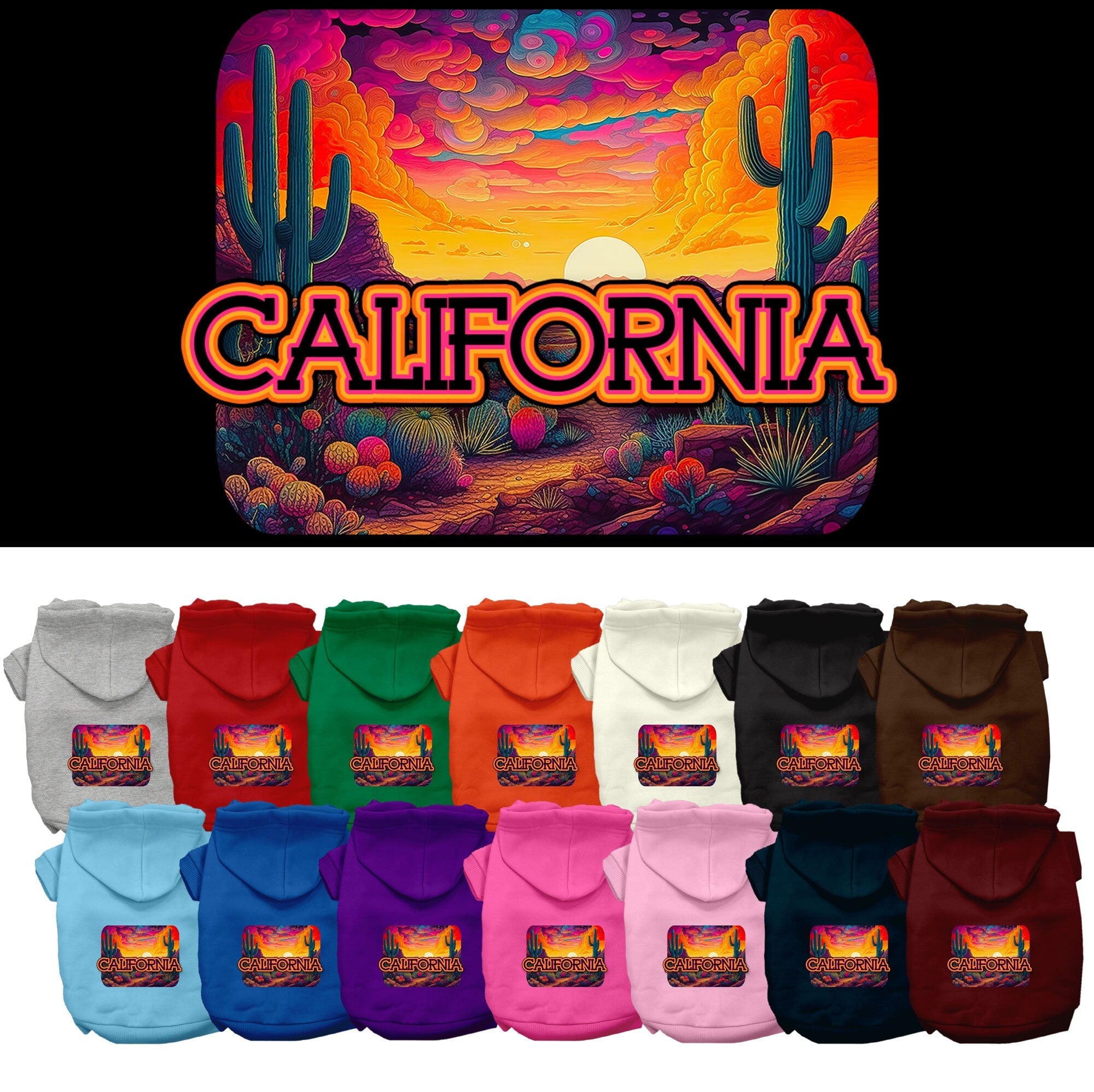 Pet Dog & Cat Screen Printed Hoodie for Medium to Large Pets (Sizes 2XL-6XL), "California Neon Desert"