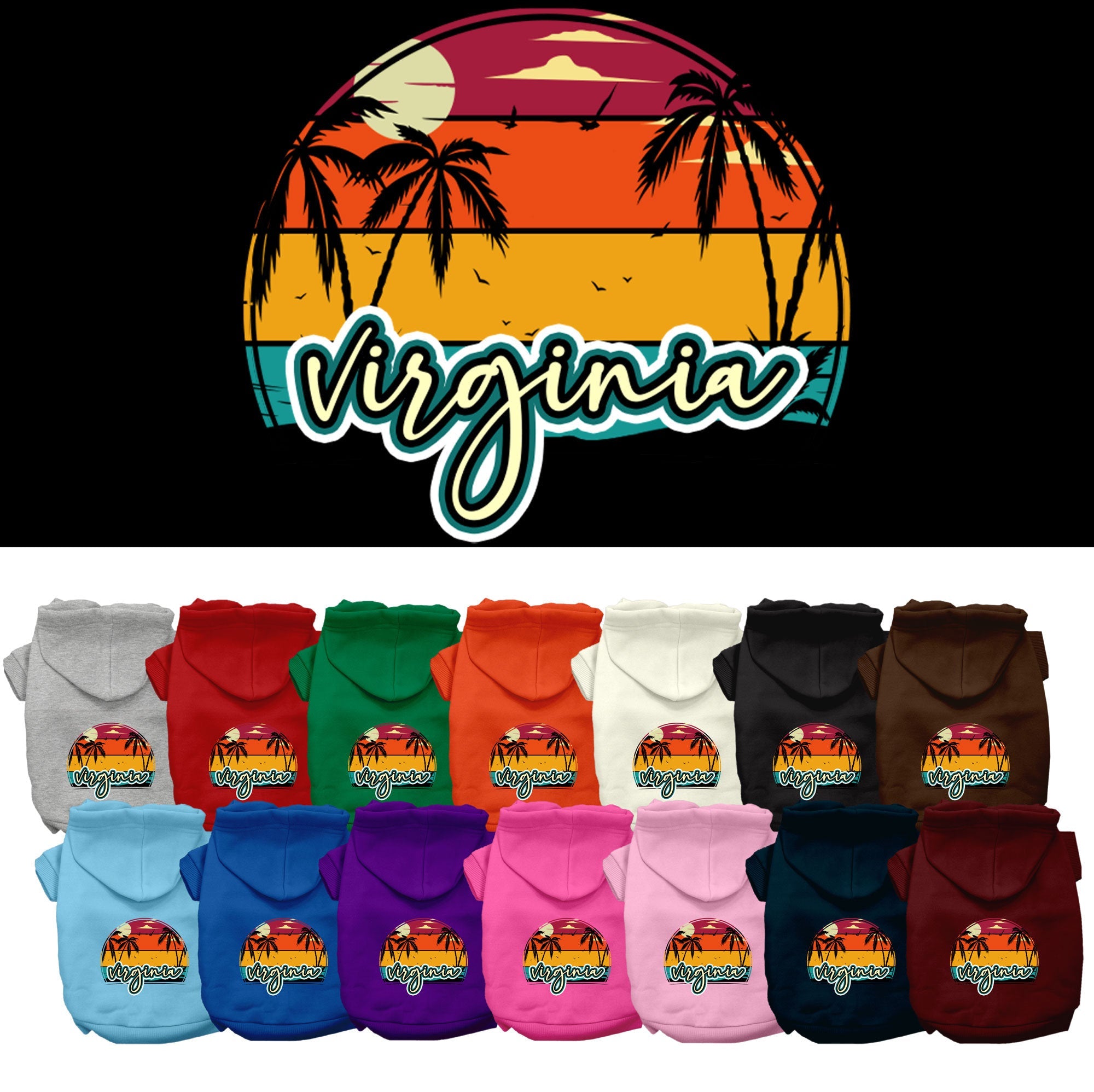 Pet Dog & Cat Screen Printed Hoodie for Medium to Large Pets (Sizes 2XL-6XL), "Virginia Retro Beach Sunset"