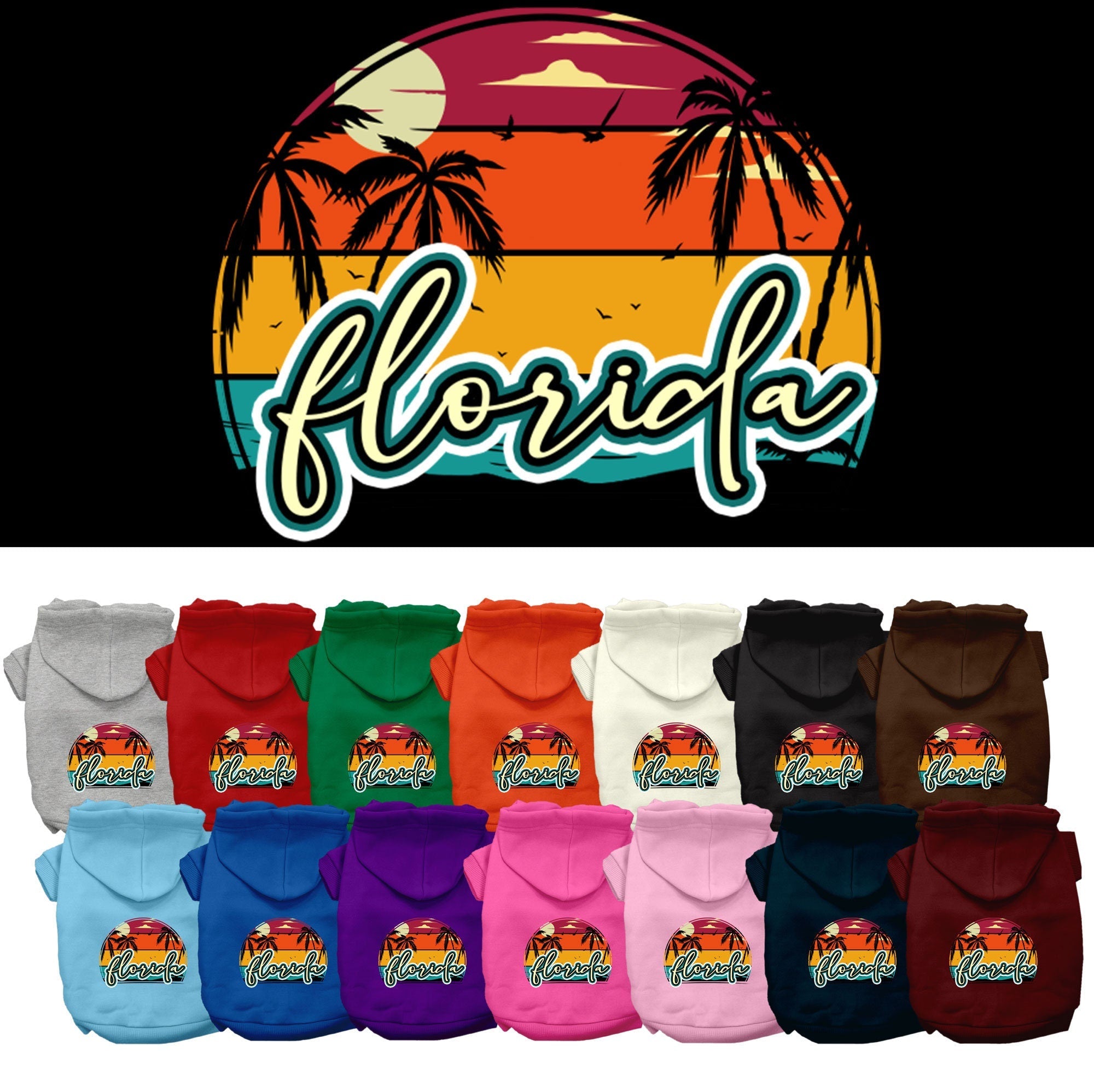 Pet Dog & Cat Screen Printed Hoodie for Small to Medium Pets (Sizes XS-XL), "Florida Retro Beach Sunset"