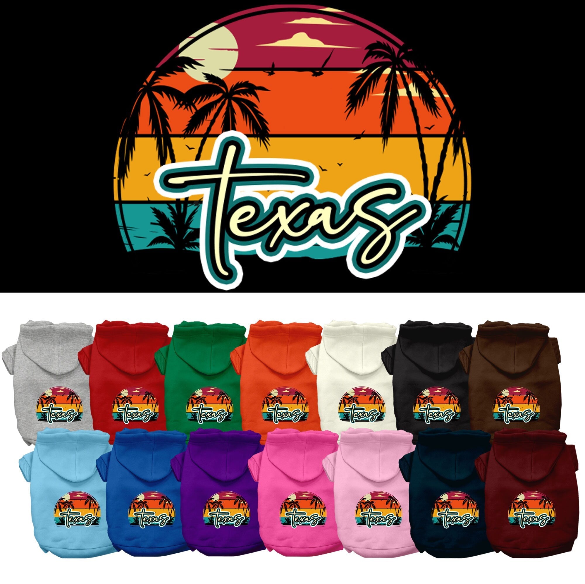 Pet Dog & Cat Screen Printed Hoodie for Medium to Large Pets (Sizes 2XL-6XL), "Texas Retro Beach Sunset"