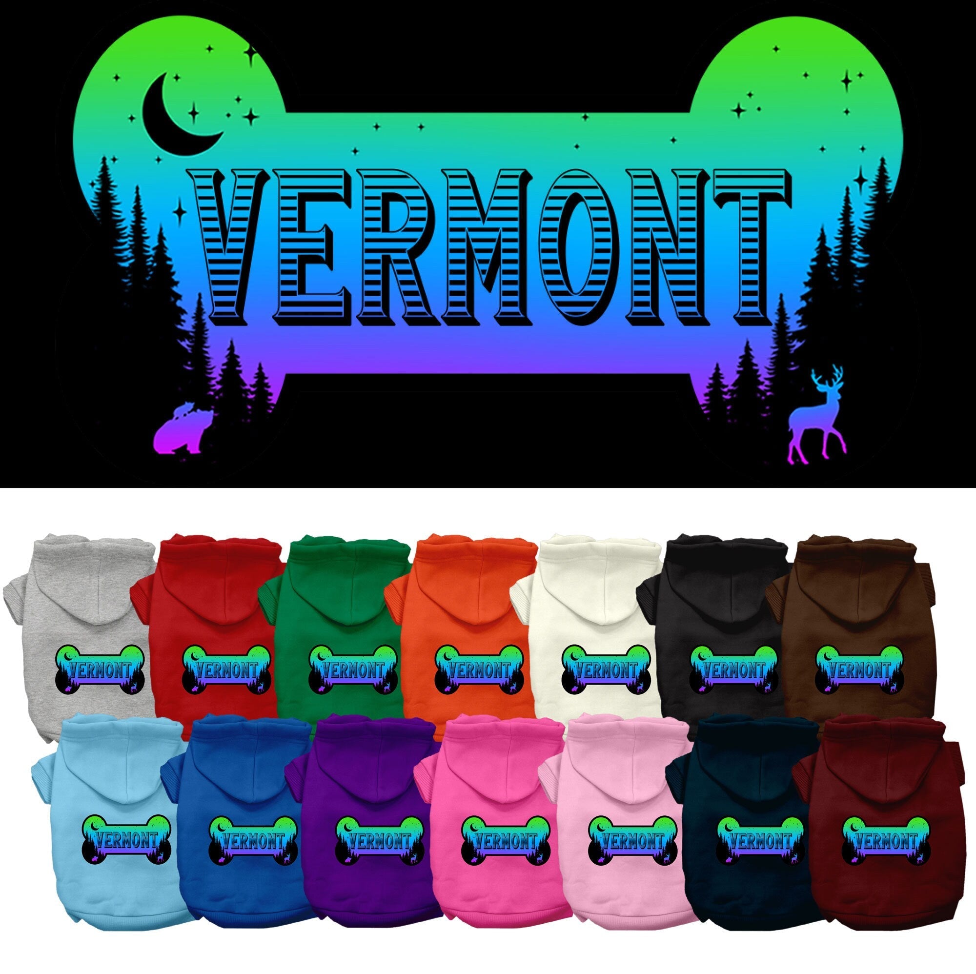 Pet Dog & Cat Screen Printed Hoodie for Medium to Large Pets (Sizes 2XL-6XL), "Vermont Mountain Shades"