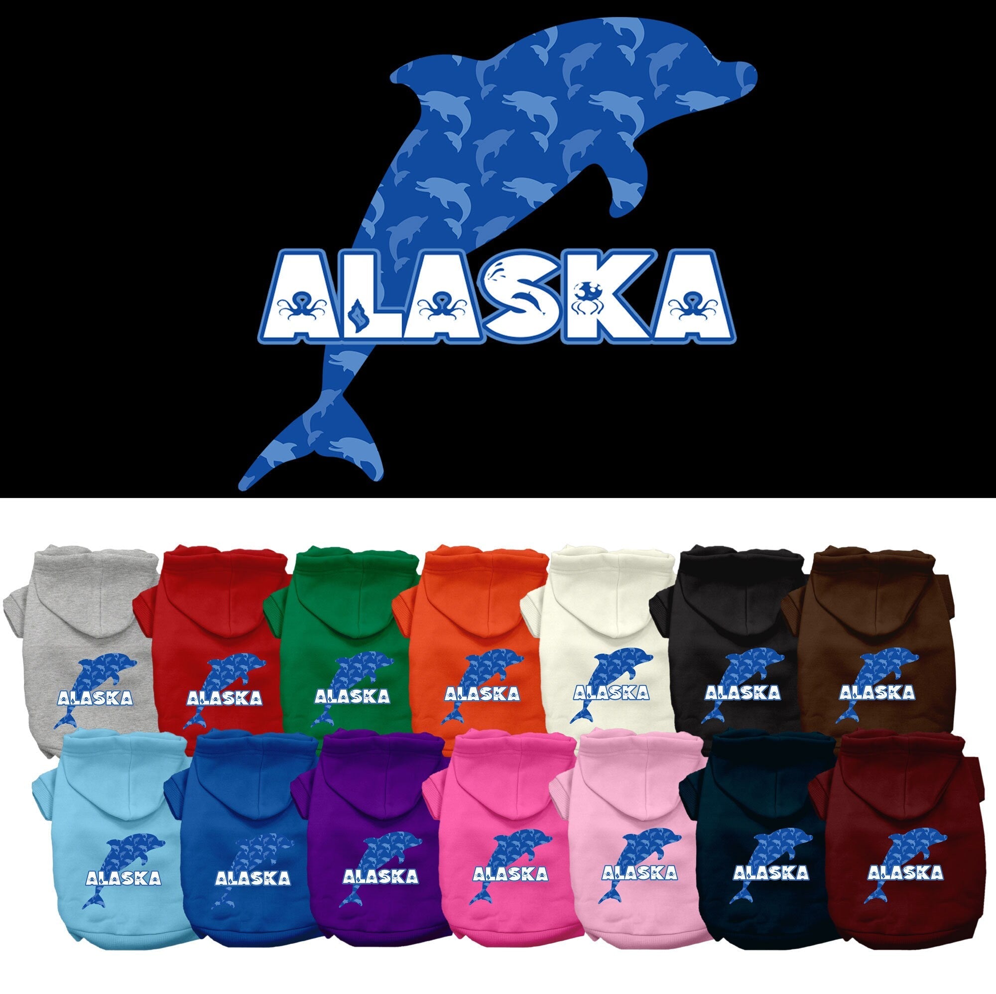 Pet Dog & Cat Screen Printed Hoodie for Medium to Large Pets (Sizes 2XL-6XL), "Alaska Blue Dolphins"