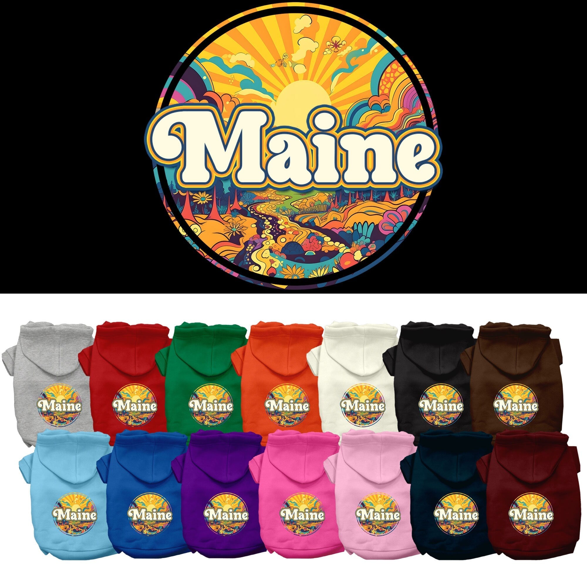 Pet Dog & Cat Screen Printed Hoodie for Small to Medium Pets (Sizes XS-XL), "Maine Trippy Peaks"