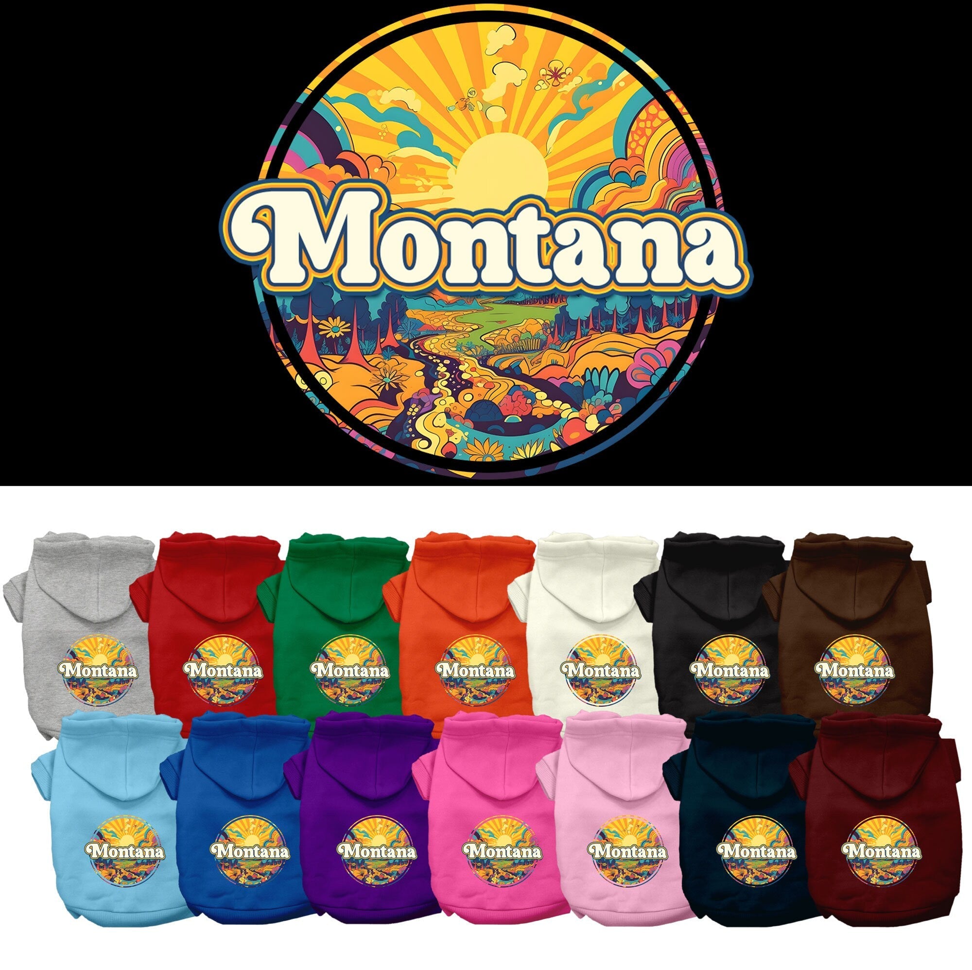 Pet Dog & Cat Screen Printed Hoodie for Medium to Large Pets (Sizes 2XL-6XL), "Montana Trippy Peaks"