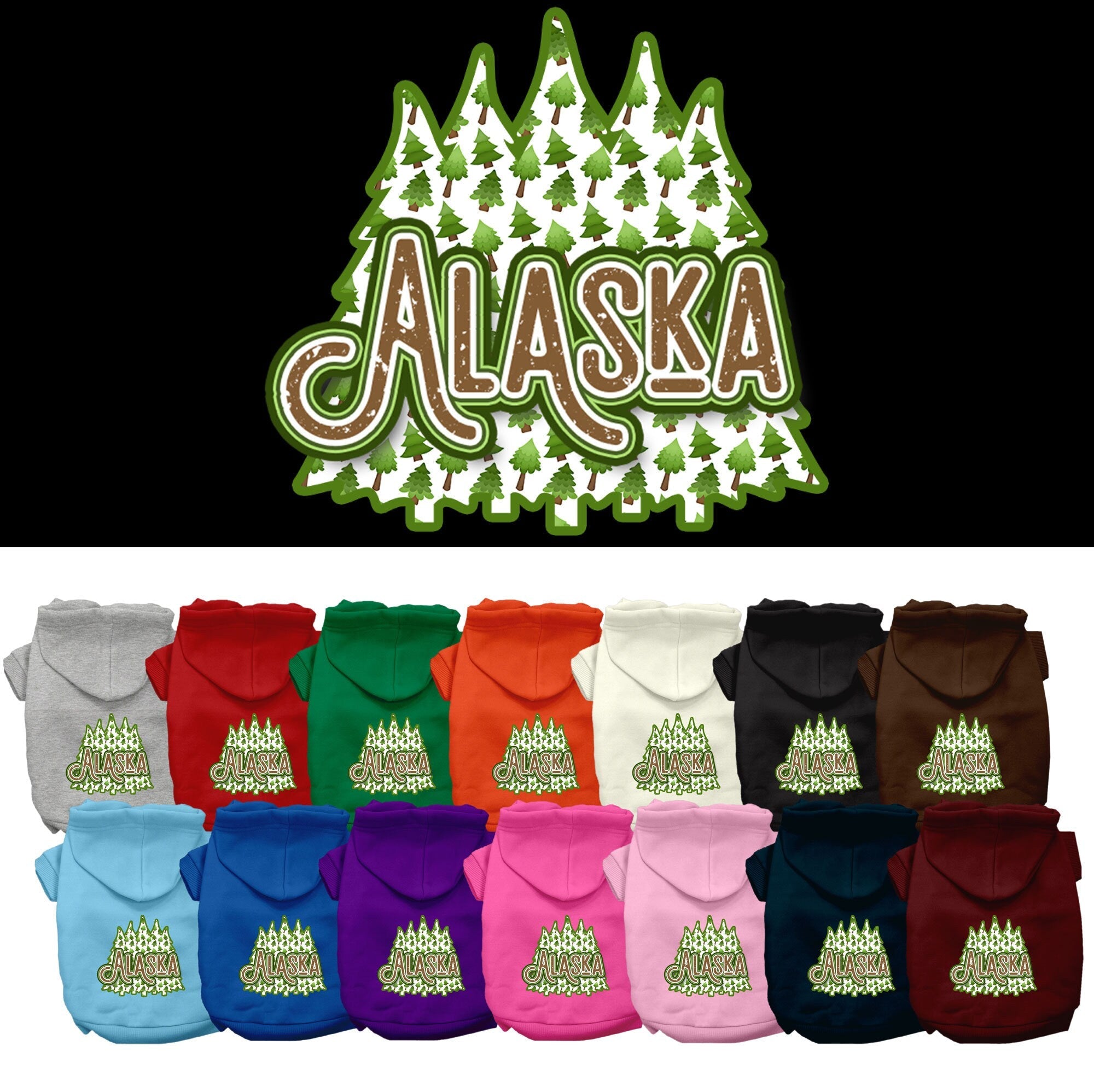 Pet Dog & Cat Screen Printed Hoodie for Medium to Large Pets (Sizes 2XL-6XL), "Alaska Woodland Trees"