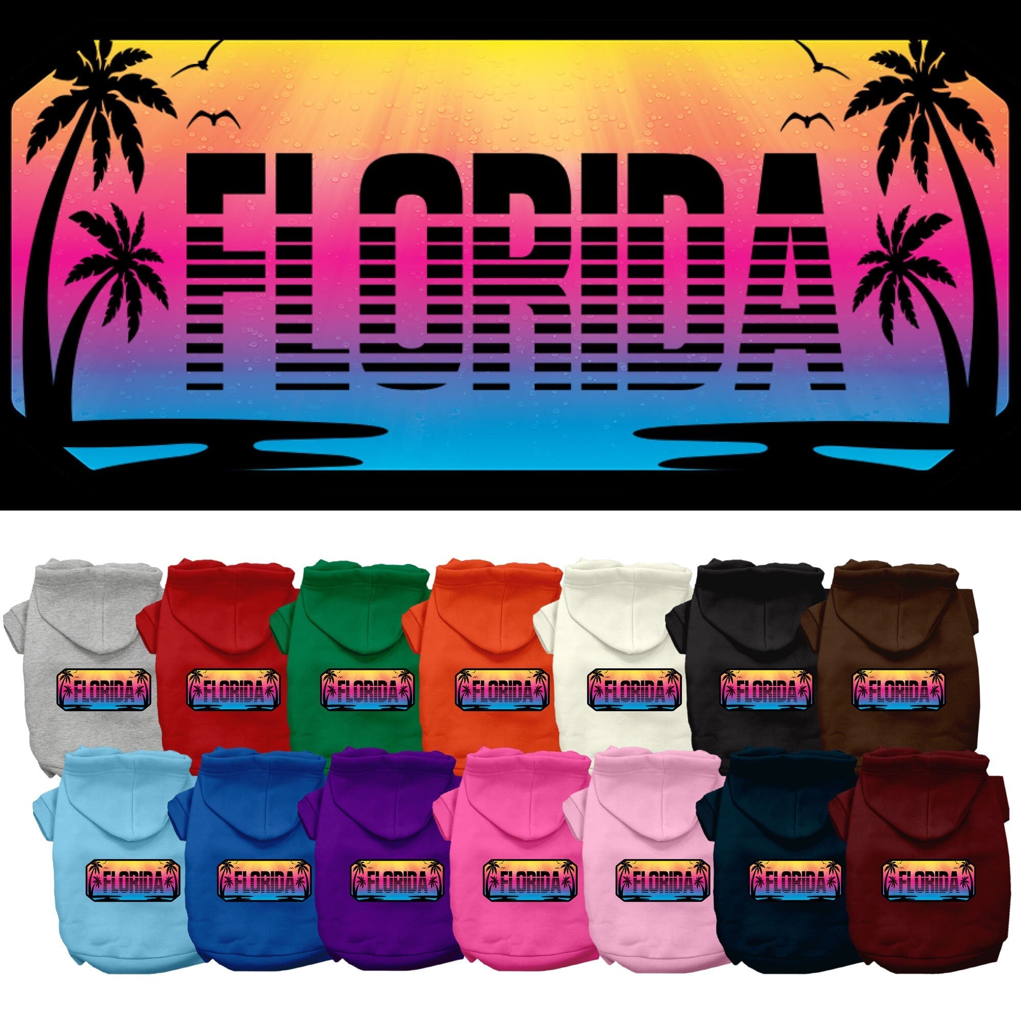 Pet Dog & Cat Screen Printed Hoodie for Medium to Large Pets (Sizes 2XL-6XL), "Florida Beach Shades"