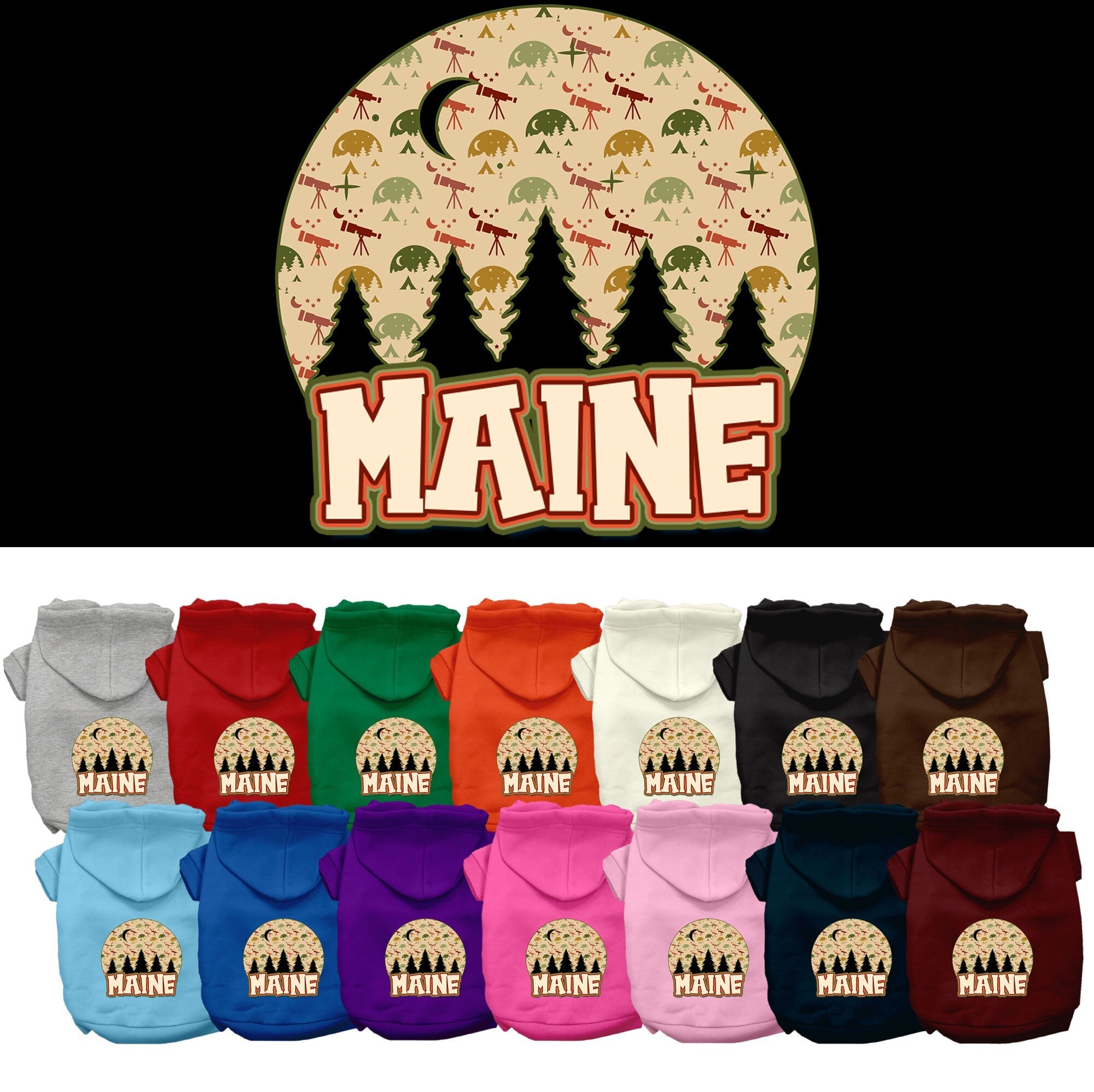 Pet Dog & Cat Screen Printed Hoodie for Small to Medium Pets (Sizes XS-XL), "Maine Under The Stars"