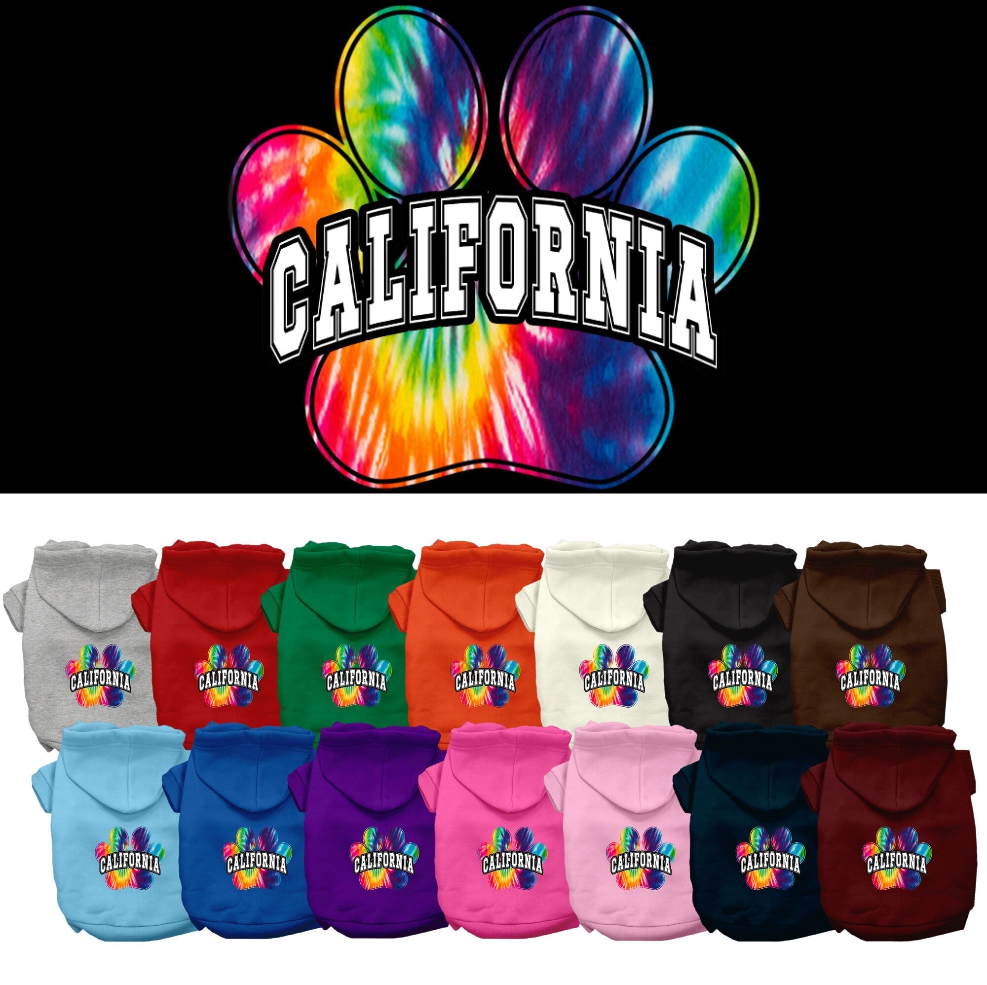 Pet Dog & Cat Screen Printed Hoodie for Medium to Large Pets (Sizes 2XL-6XL), "California Bright Tie Dye"