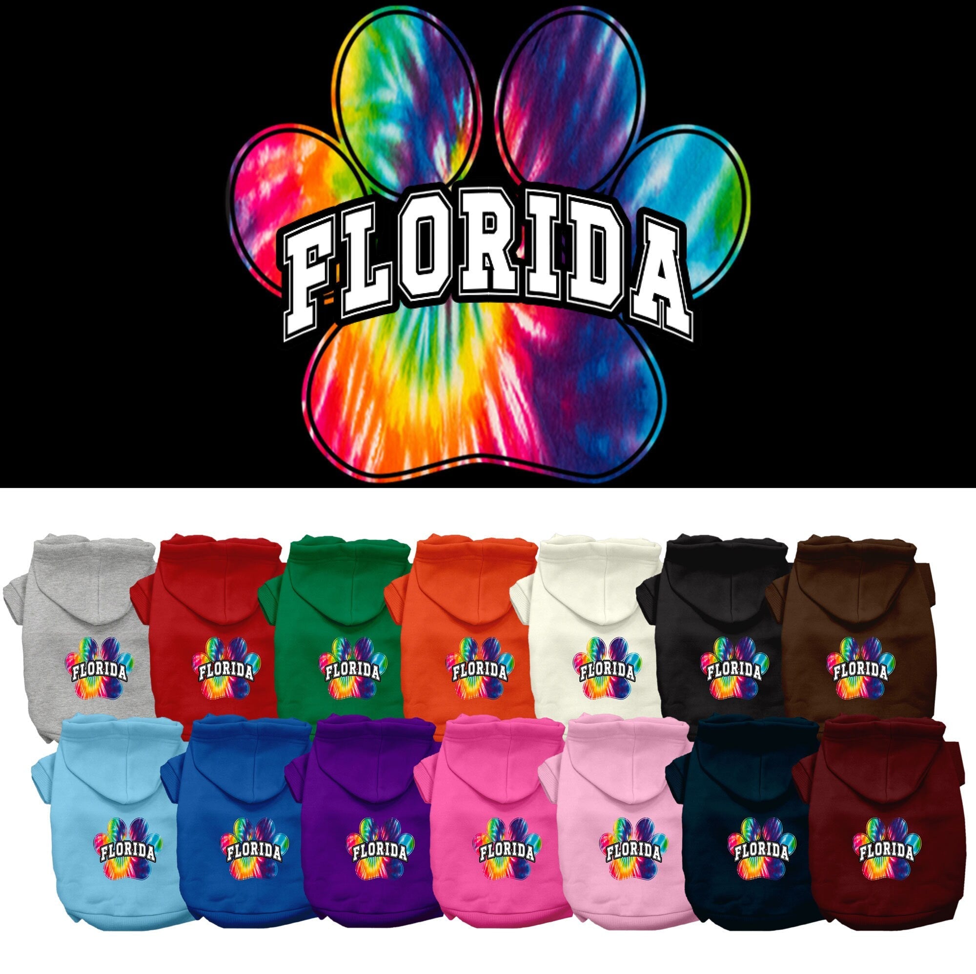 Pet Dog & Cat Screen Printed Hoodie for Small to Medium Pets (Sizes XS-XL), "Florida Bright Tie Dye"