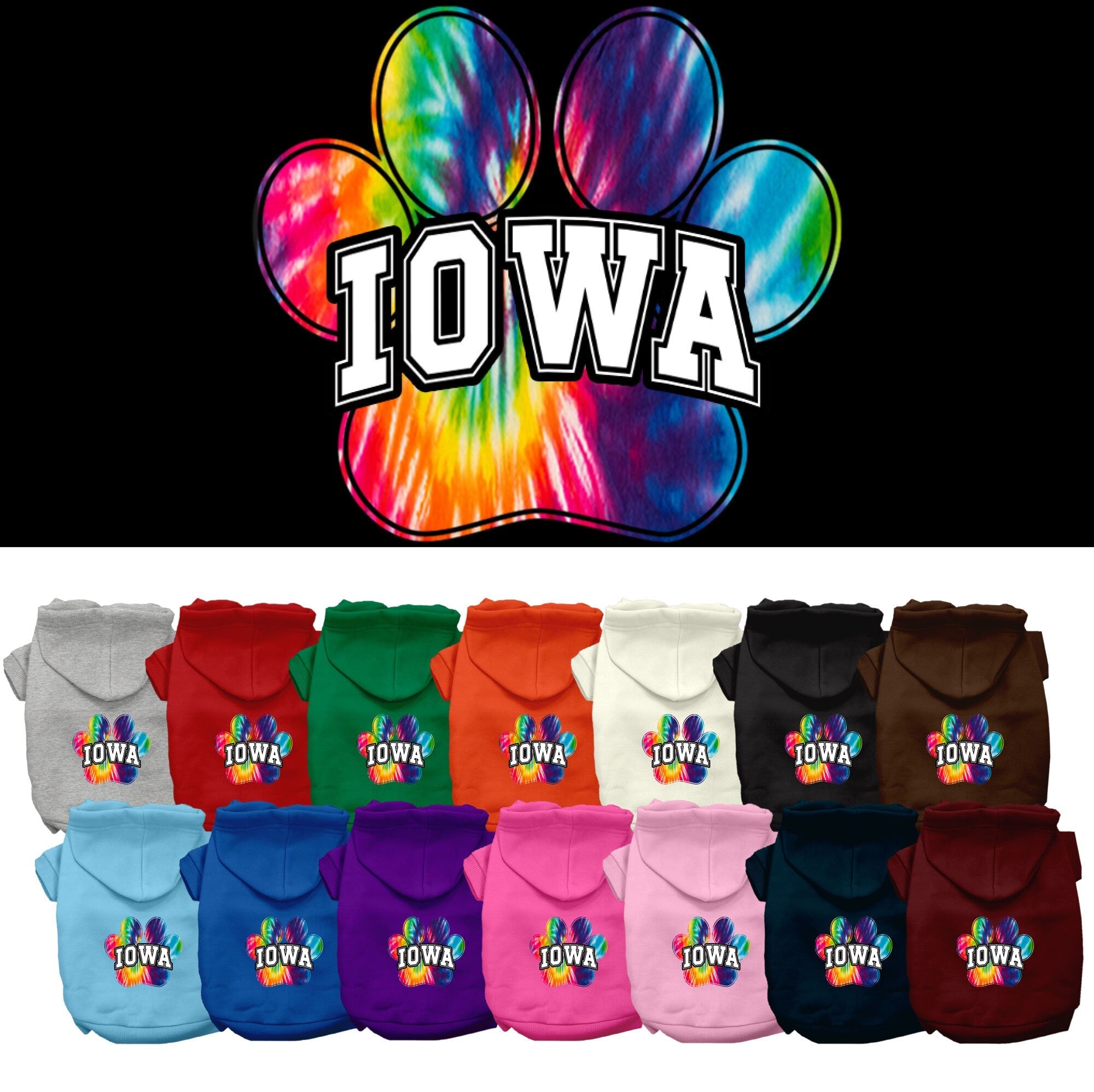 Pet Dog & Cat Screen Printed Hoodie for Medium to Large Pets (Sizes 2XL-6XL), "Iowa Bright Tie Dye"