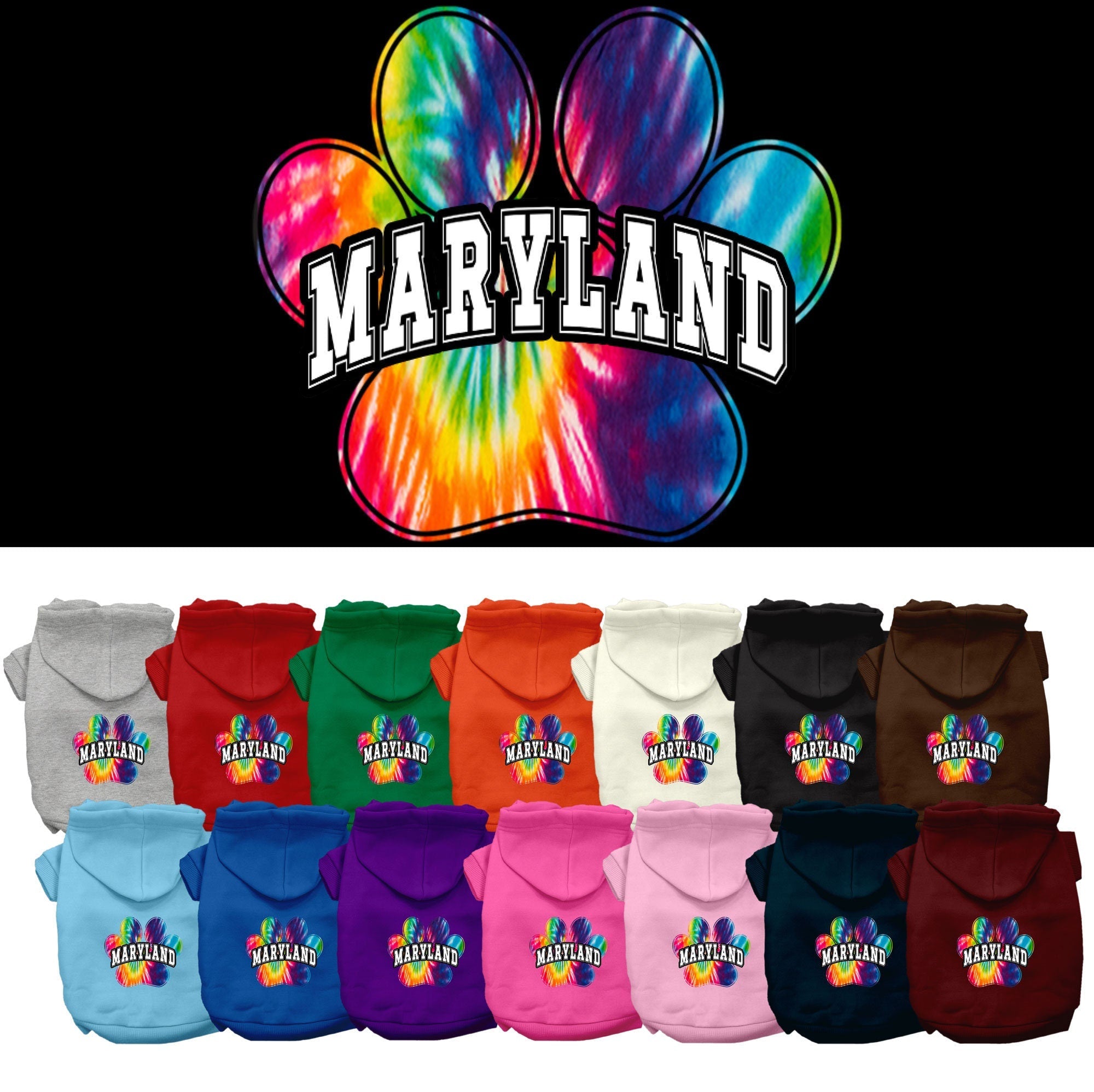 Pet Dog & Cat Screen Printed Hoodie for Small to Medium Pets (Sizes XS-XL), "Maryland Bright Tie Dye"