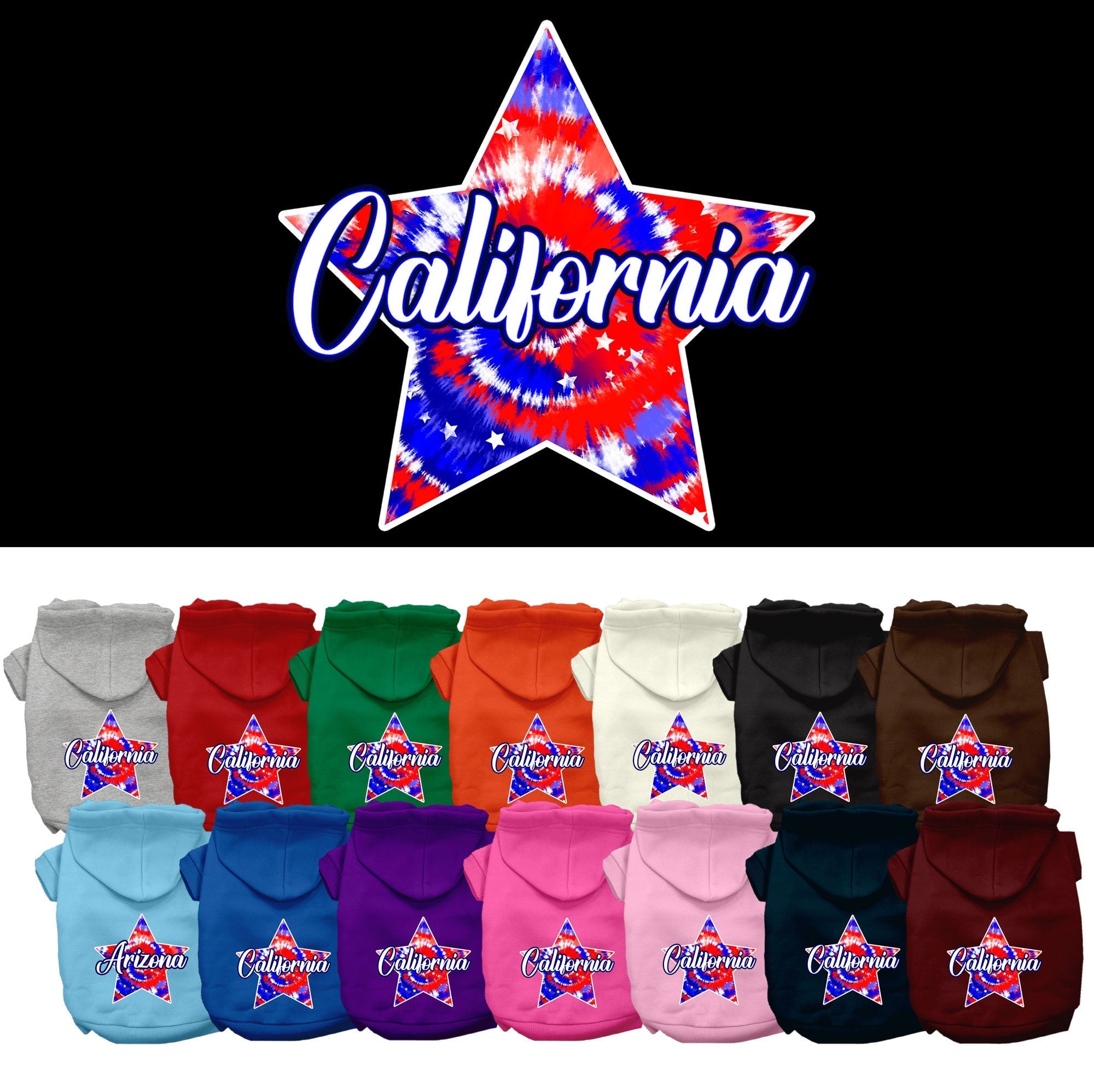 Pet Dog & Cat Screen Printed Hoodie for Small to Medium Pets (Sizes XS-XL), "California Patriotic Tie Dye"