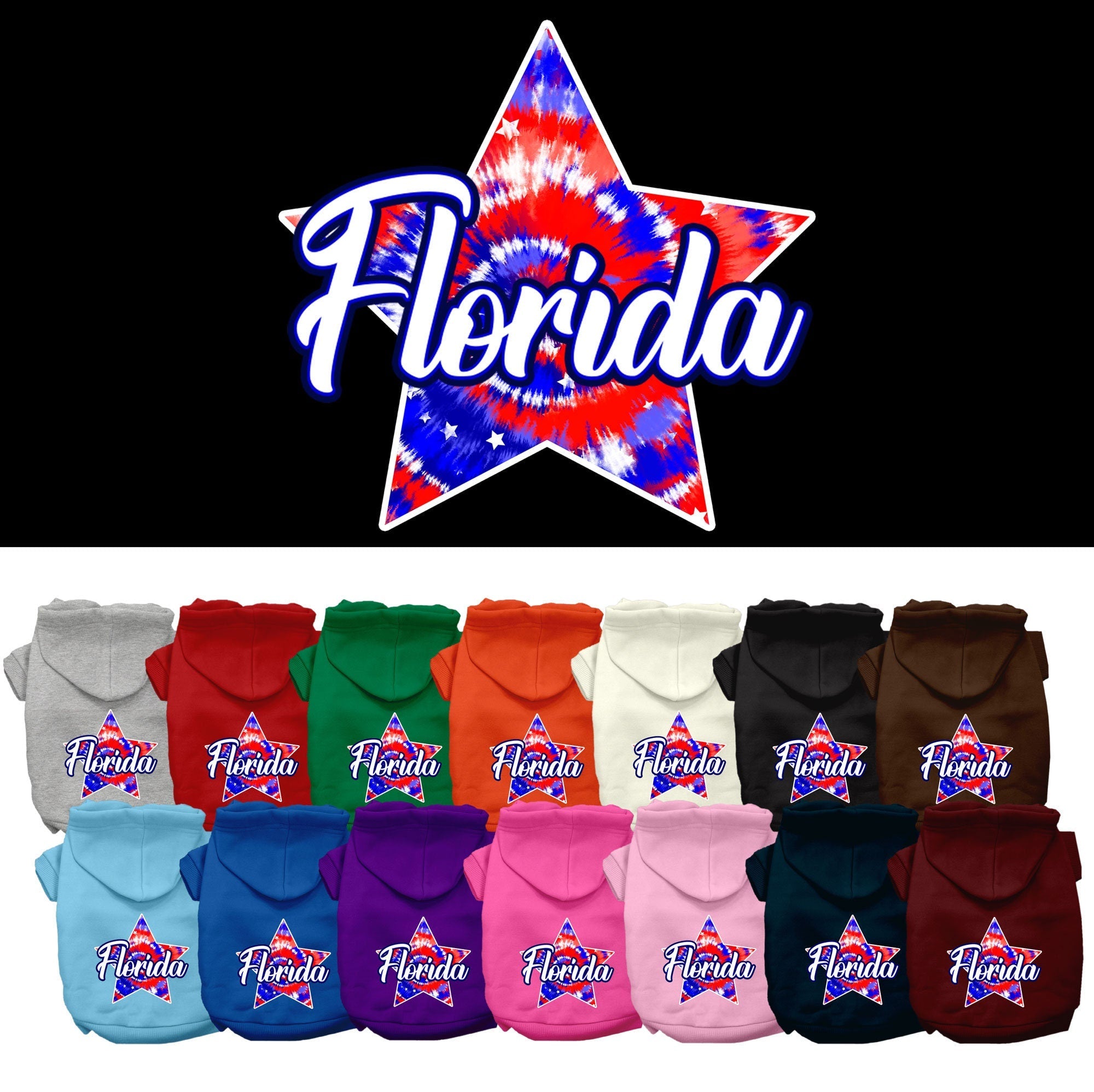 Pet Dog & Cat Screen Printed Hoodie for Medium to Large Pets (Sizes 2XL-6XL), "Florida Patriotic Tie Dye"