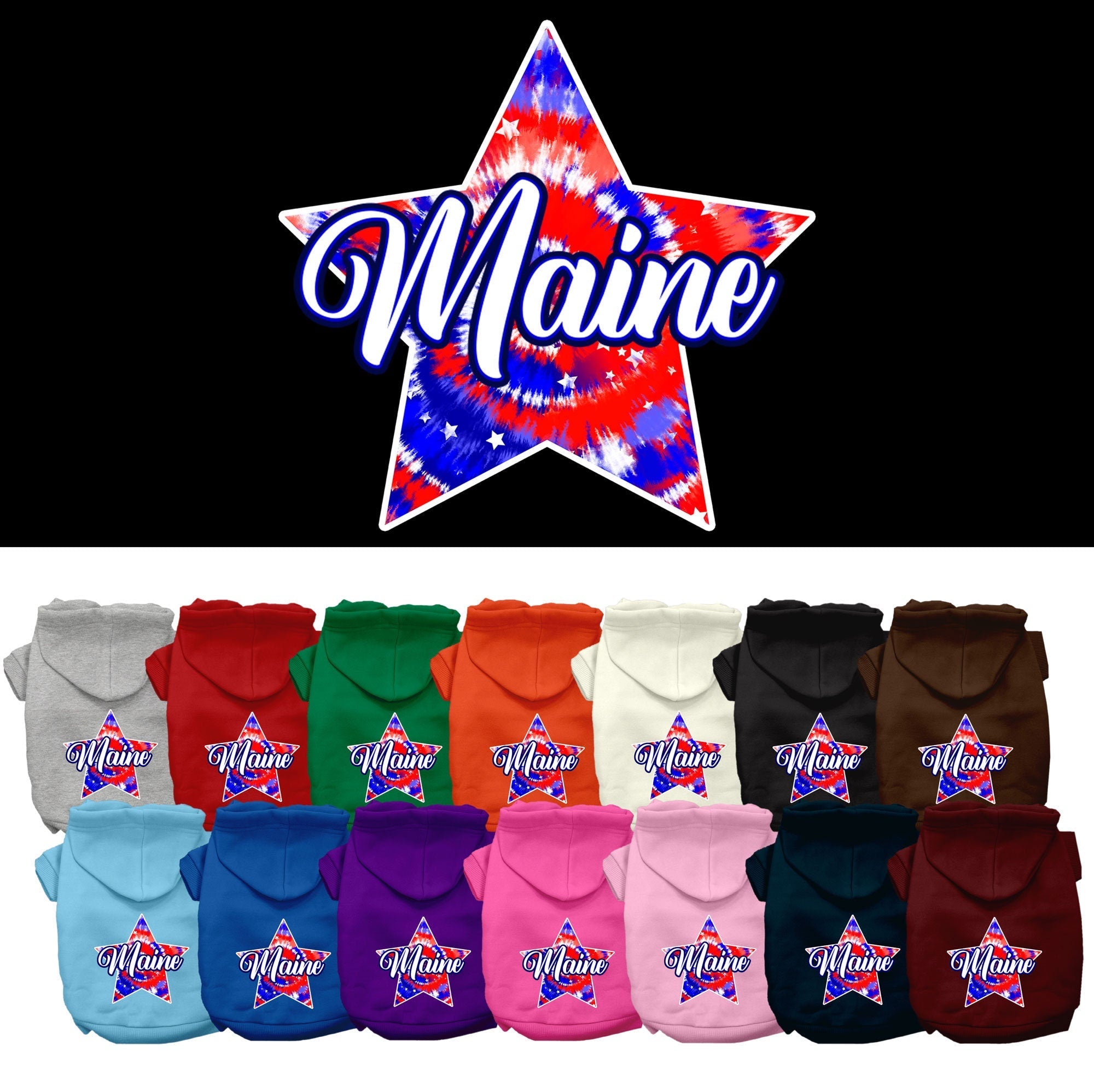 Pet Dog & Cat Screen Printed Hoodie for Medium to Large Pets (Sizes 2XL-6XL), "Maine Patriotic Tie Dye"