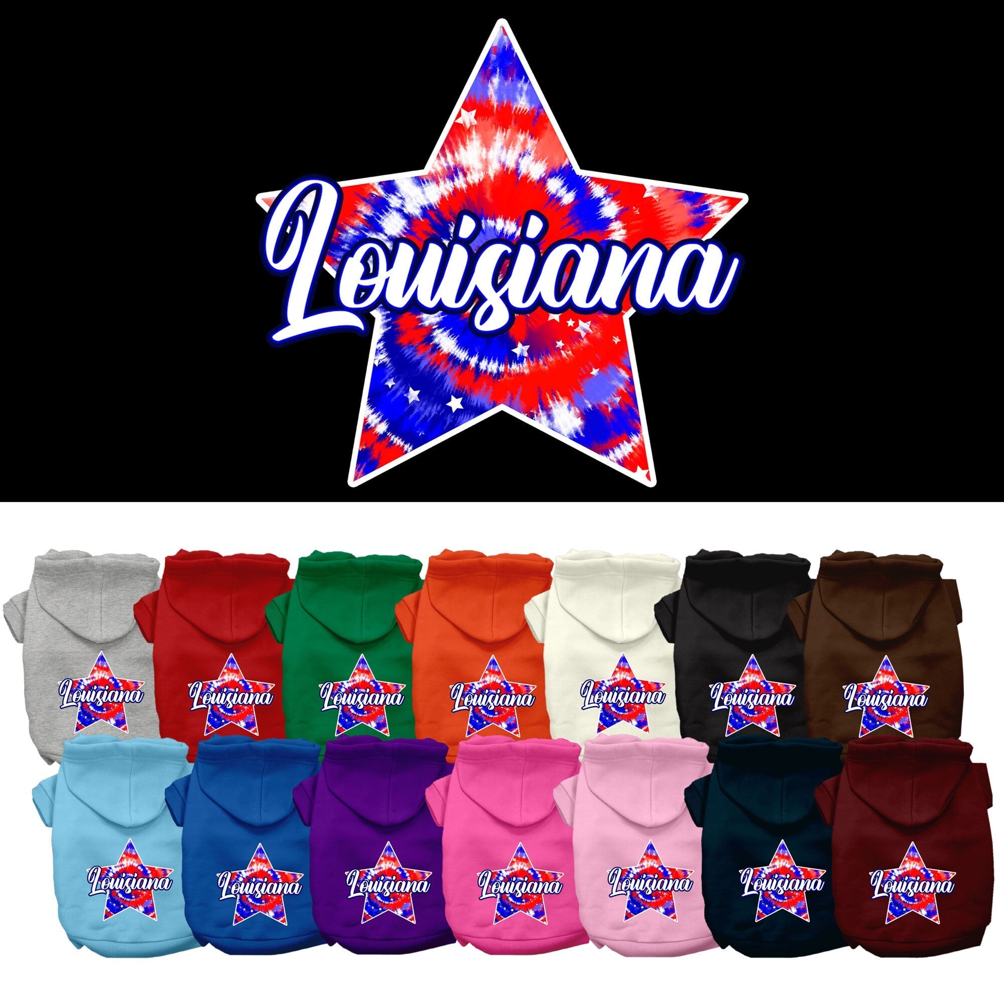 Pet Dog & Cat Screen Printed Hoodie for Small to Medium Pets (Sizes XS-XL), "Louisiana Patriotic Tie Dye"