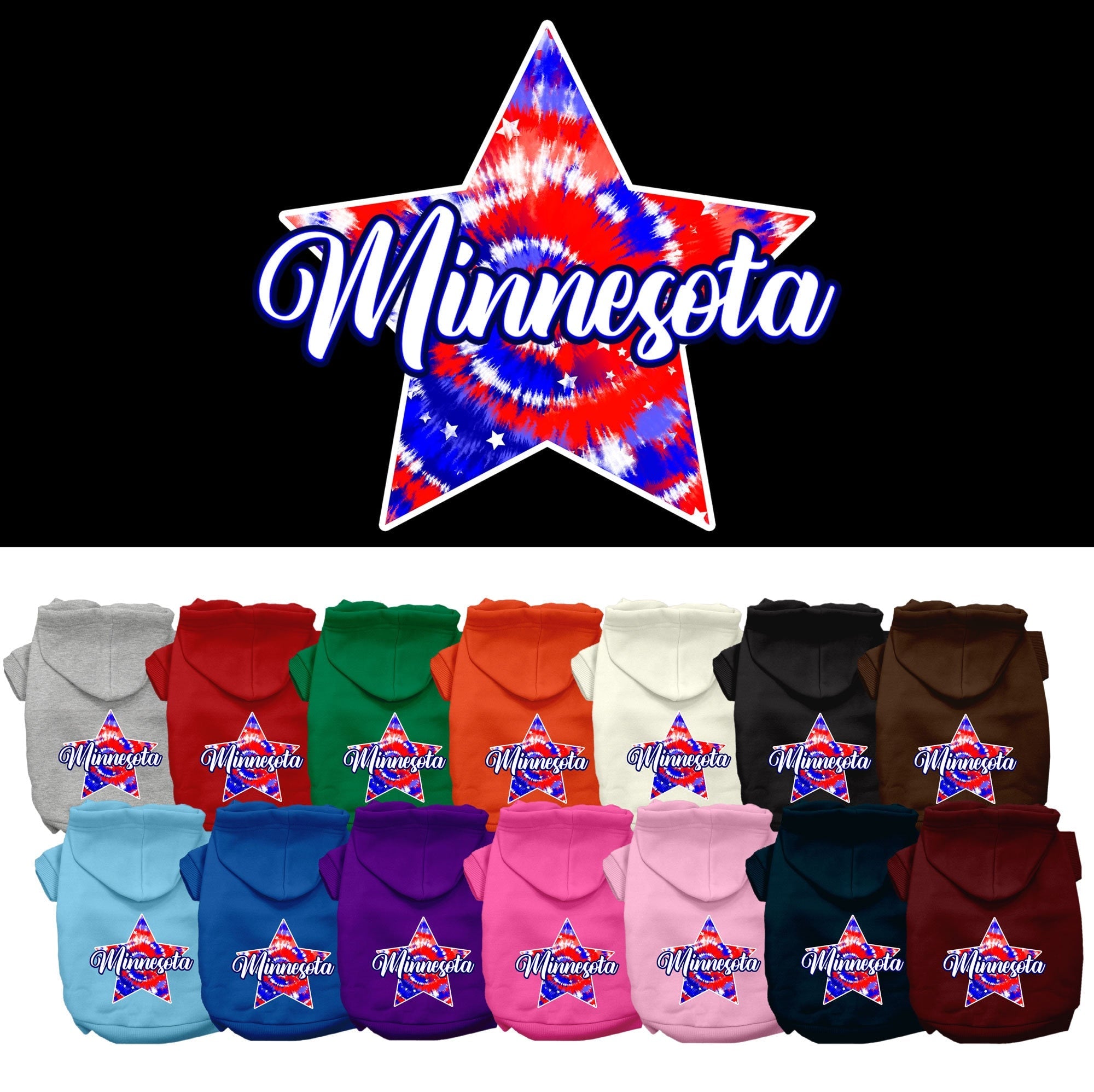 Pet Dog & Cat Screen Printed Hoodie for Medium to Large Pets (Sizes 2XL-6XL), "Minnesota Patriotic Tie Dye"