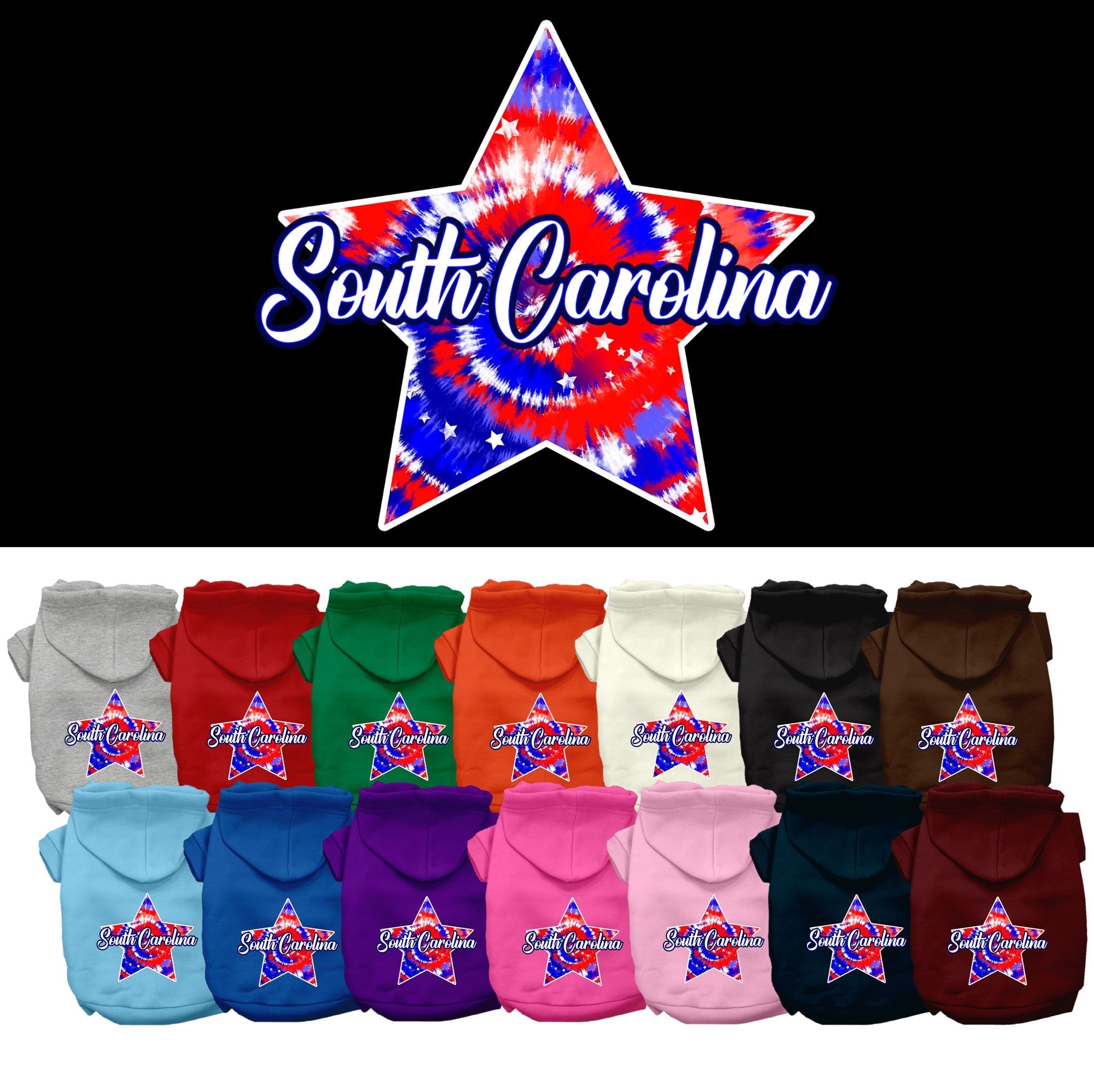 Pet Dog & Cat Screen Printed Hoodie for Medium to Large Pets (Sizes 2XL-6XL), "South Carolina Patriotic Tie Dye"