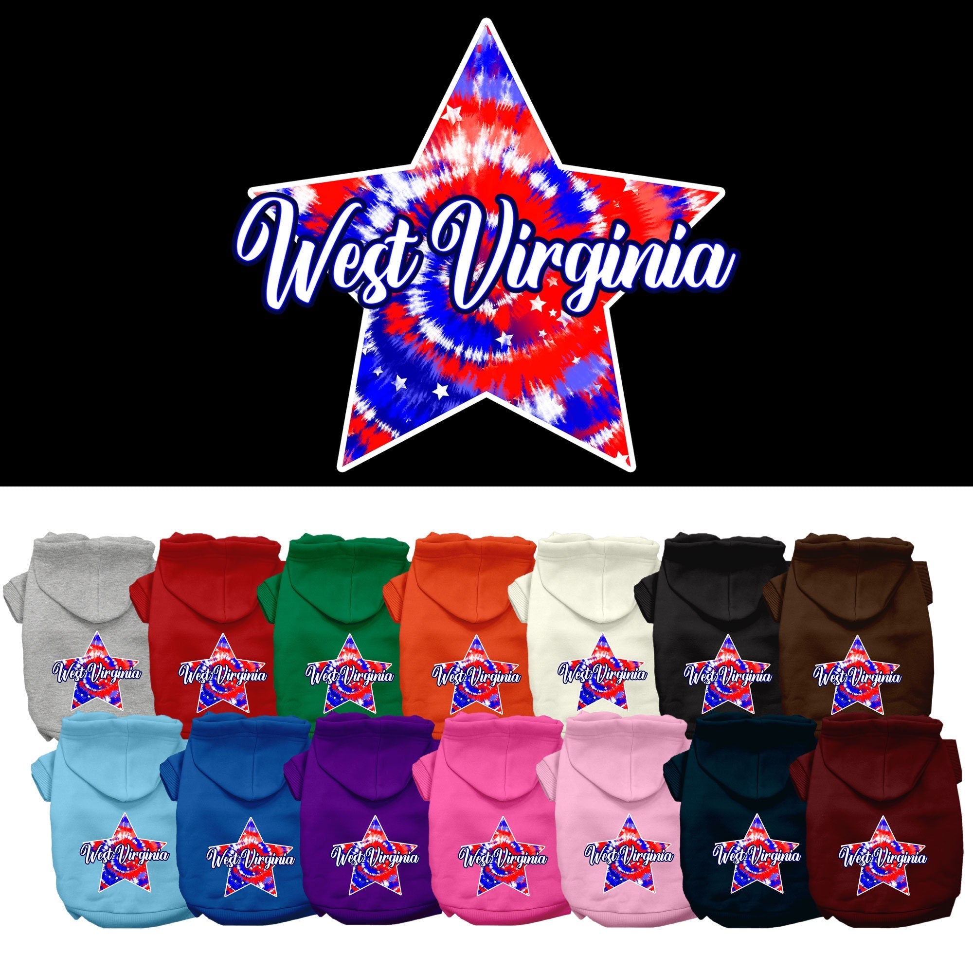 Pet Dog & Cat Screen Printed Hoodie for Medium to Large Pets (Sizes 2XL-6XL), "West Virginia Patriotic Tie Dye"