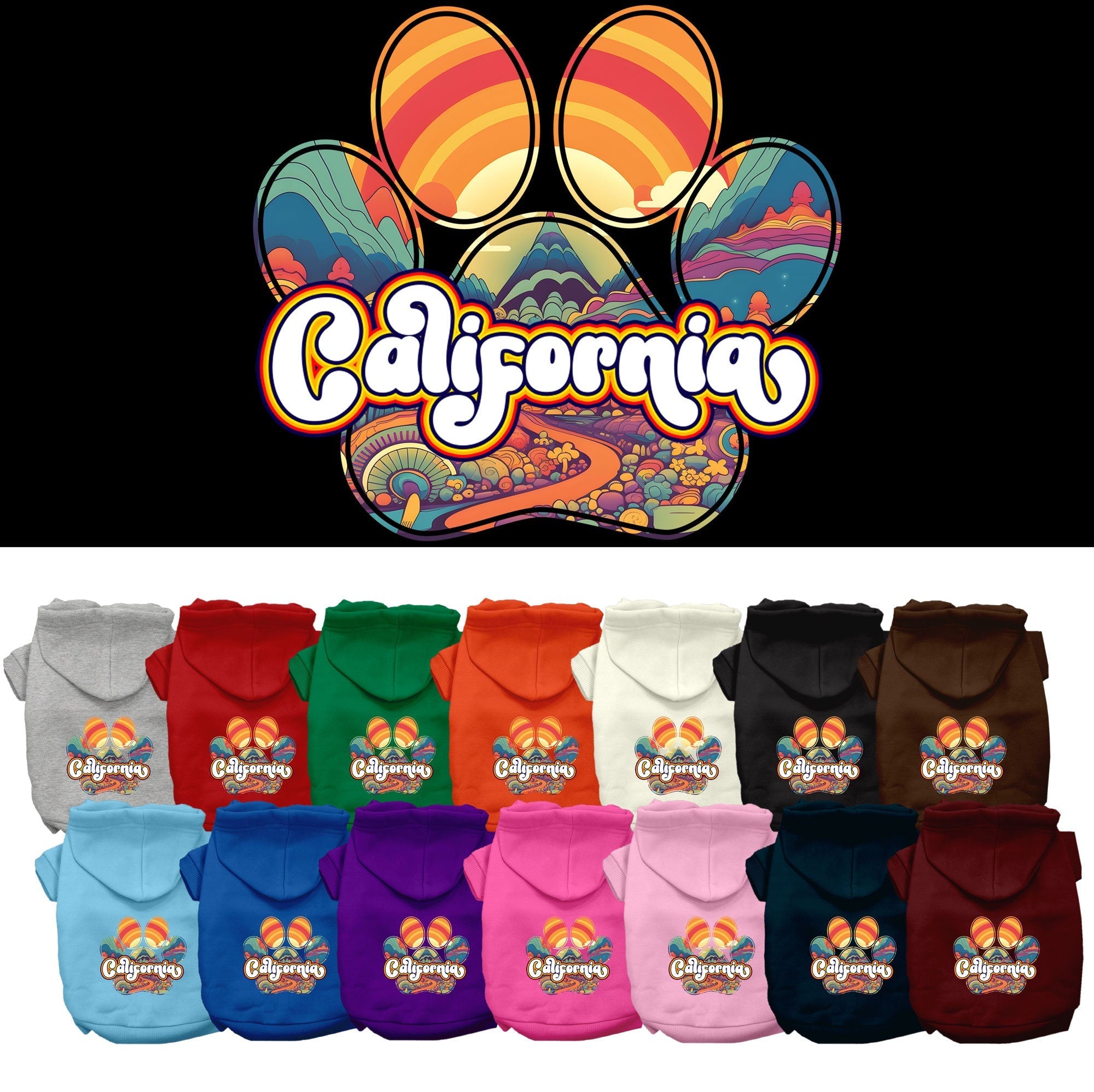 Pet Dog & Cat Screen Printed Hoodie for Small to Medium Pets (Sizes XS-XL), "California Groovy Summit"