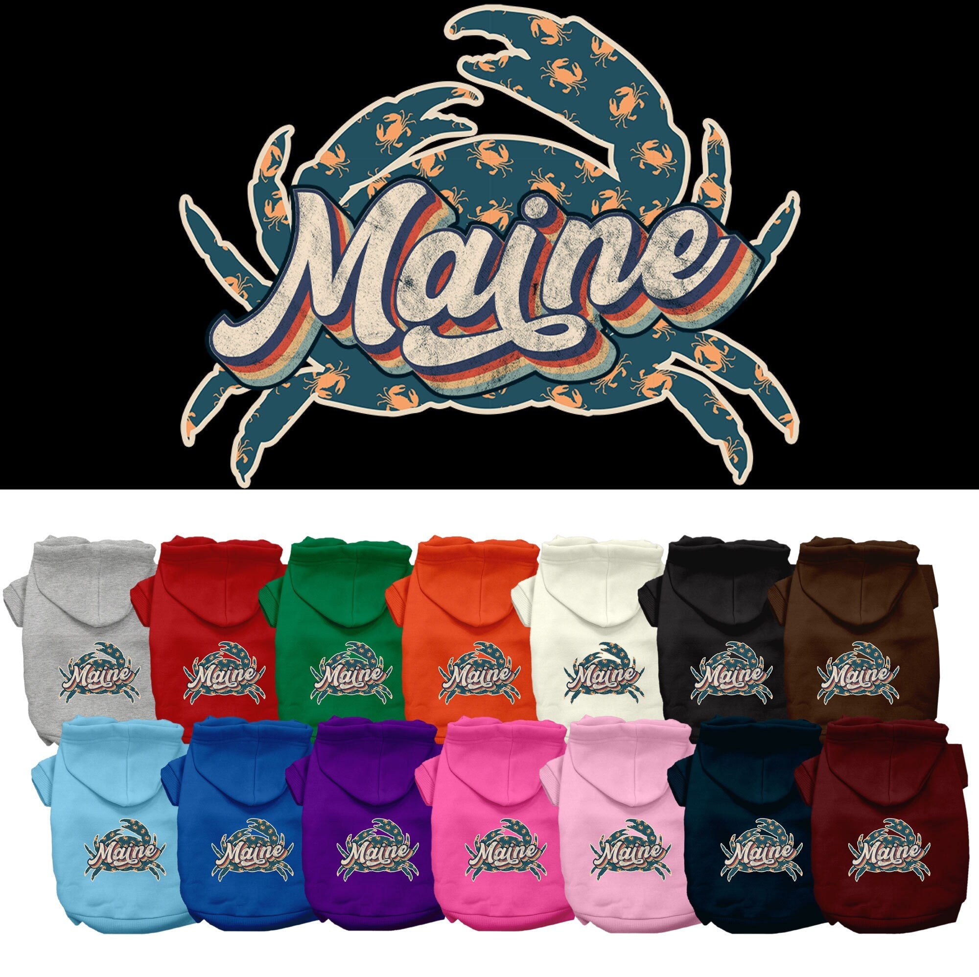 Pet Dog & Cat Screen Printed Hoodie for Small to Medium Pets (Sizes XS-XL), "Maine Retro Crabs"