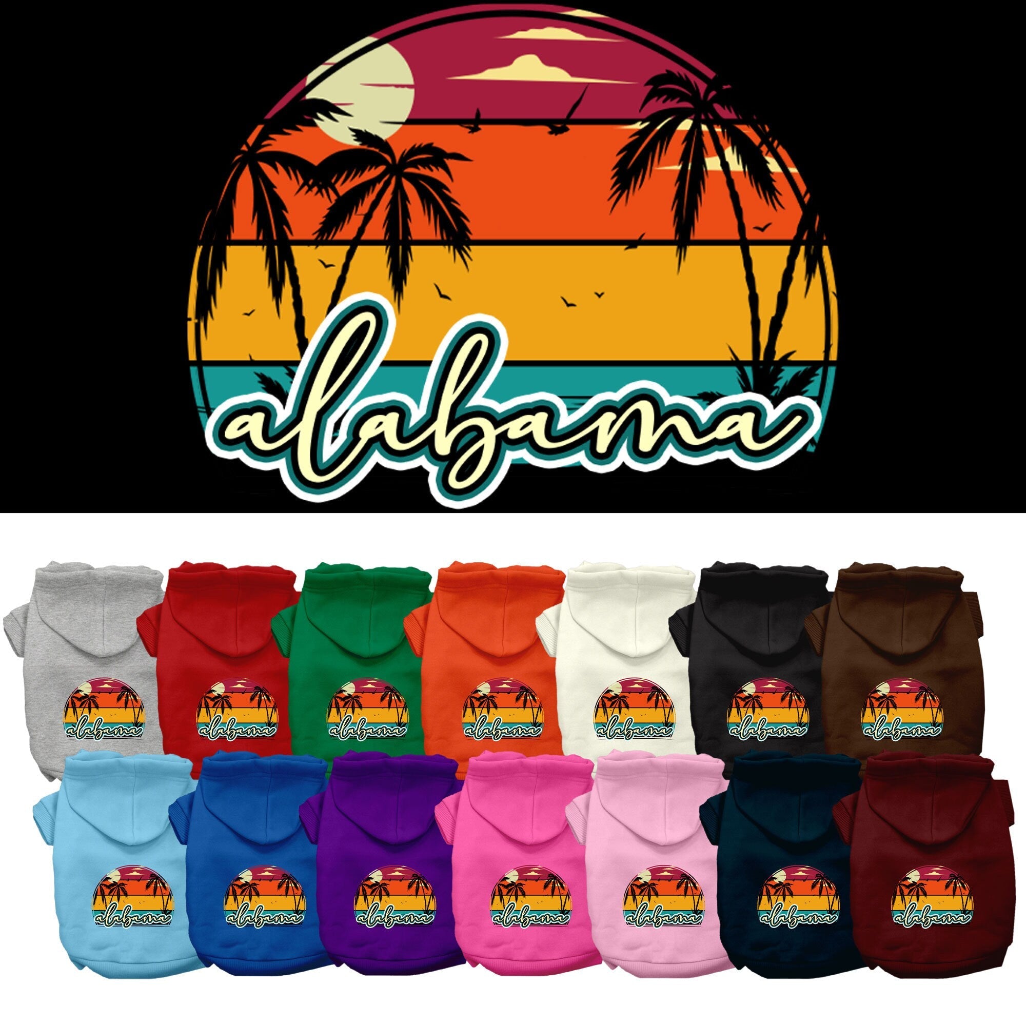 Pet Dog & Cat Screen Printed Hoodie for Small to Medium Pets (Sizes XS-XL), "Alabama Retro Beach Sunset"