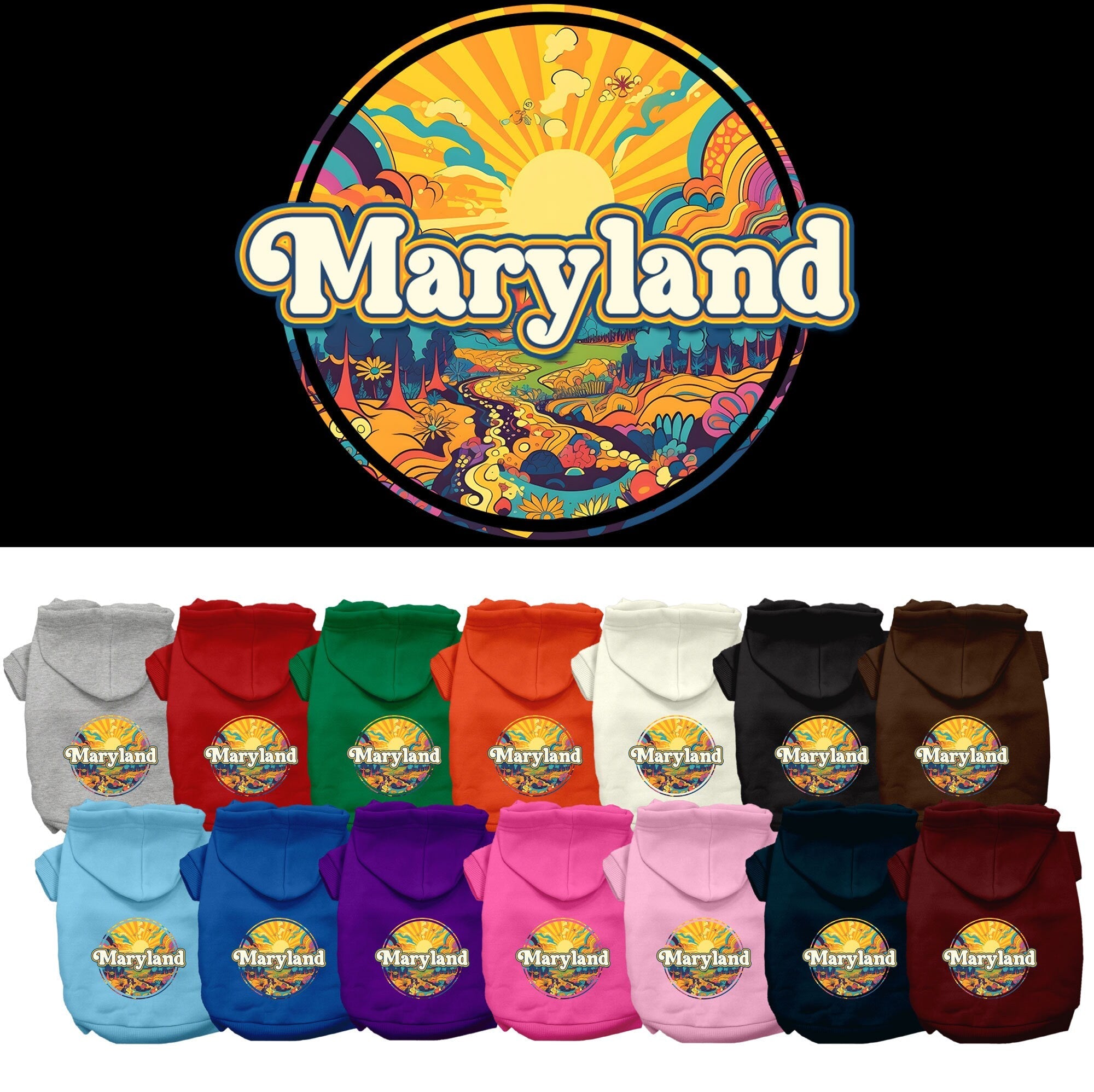 Pet Dog & Cat Screen Printed Hoodie for Small to Medium Pets (Sizes XS-XL), "Maryland Trippy Peaks"