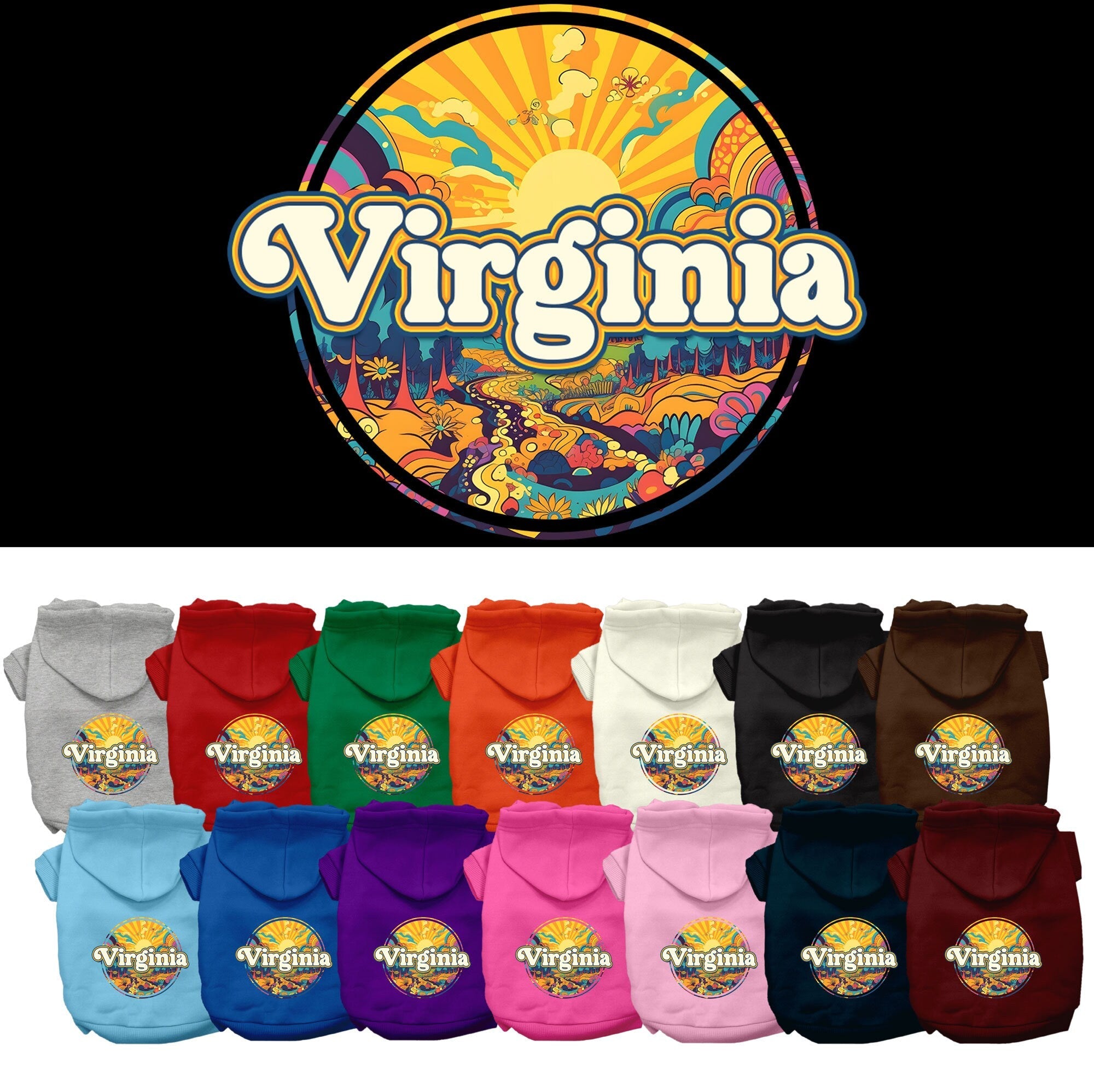 Pet Dog & Cat Screen Printed Hoodie for Medium to Large Pets (Sizes 2XL-6XL), "Virginia Trippy Peaks"